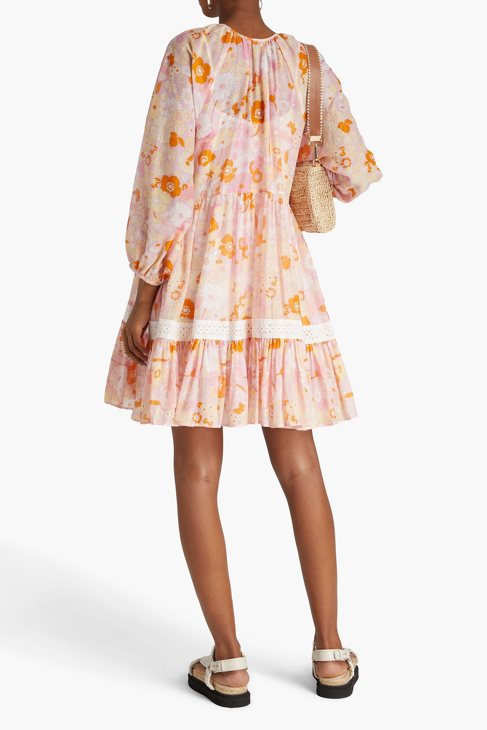 Shop Maje Gathered Floral-print Cotton And Silk-blend Mousseline Mini Dress In Baby Pink