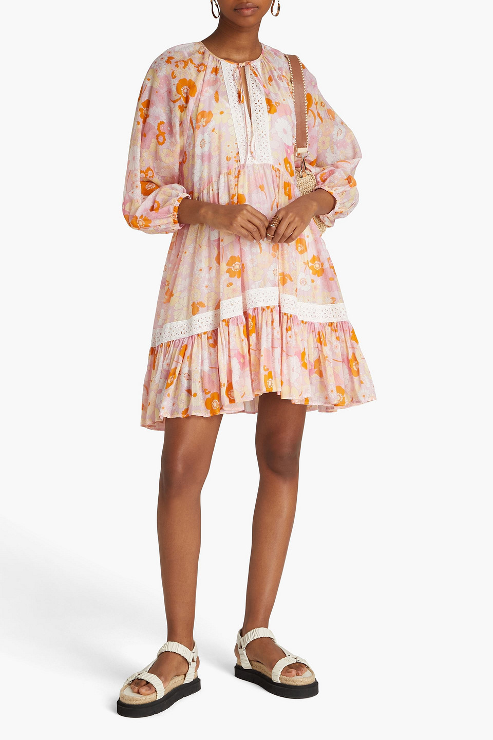 Shop Maje Gathered Floral-print Cotton And Silk-blend Mousseline Mini Dress In Baby Pink