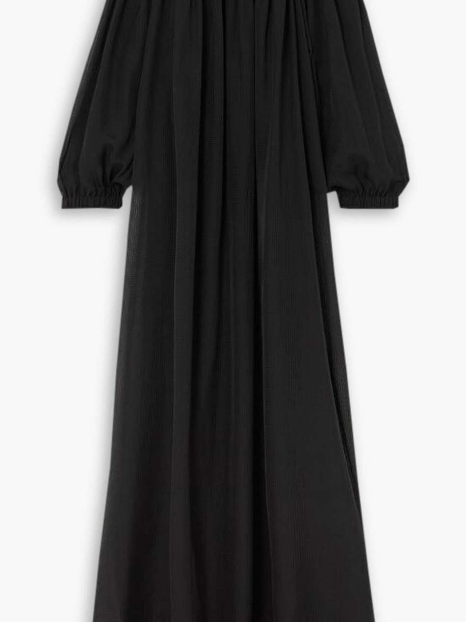 archetypes off-the-shouder checked jacquard maxi dress