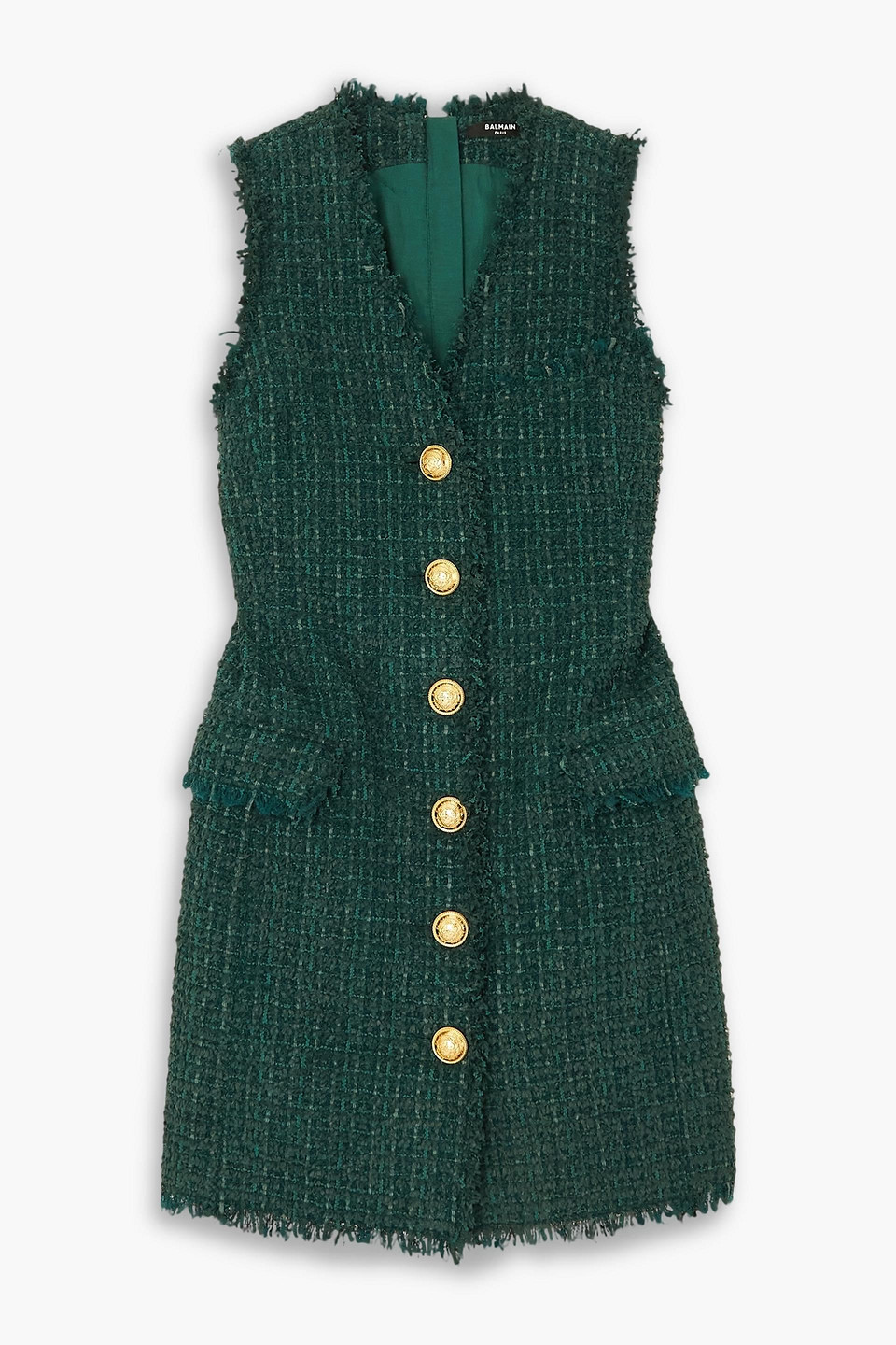 Balmain Button-embellished Tweed Mini Dress In Waldgrün