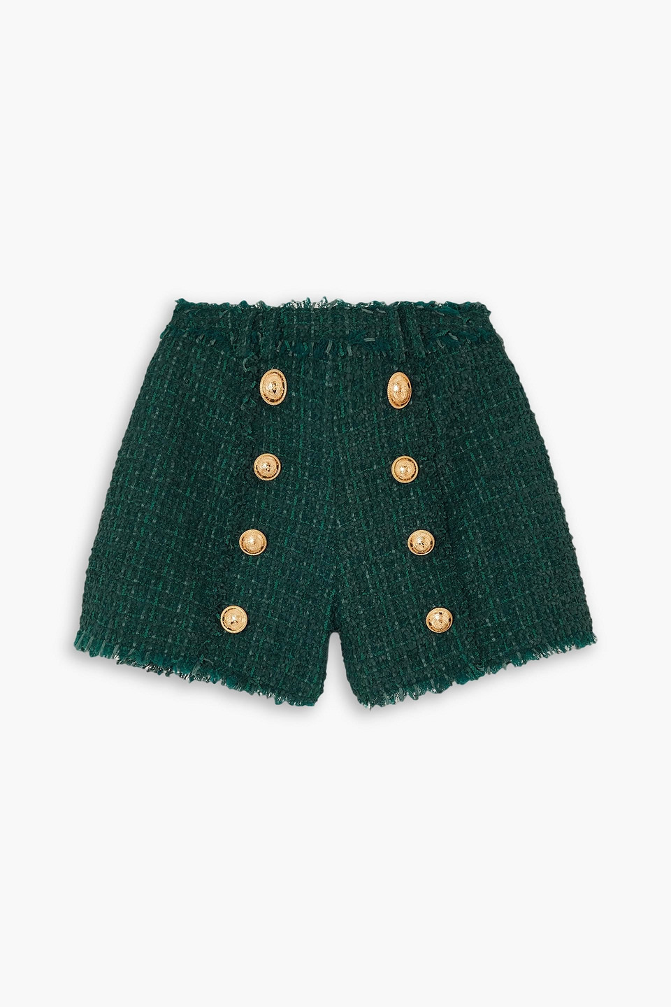 Balmain Frayed Button-embellished Bouclé Shorts In Forest Green