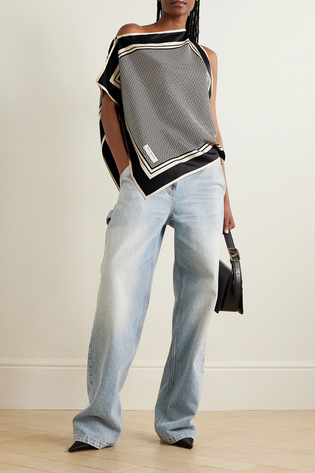 BALMAIN Asymmetric printed silk-twill top