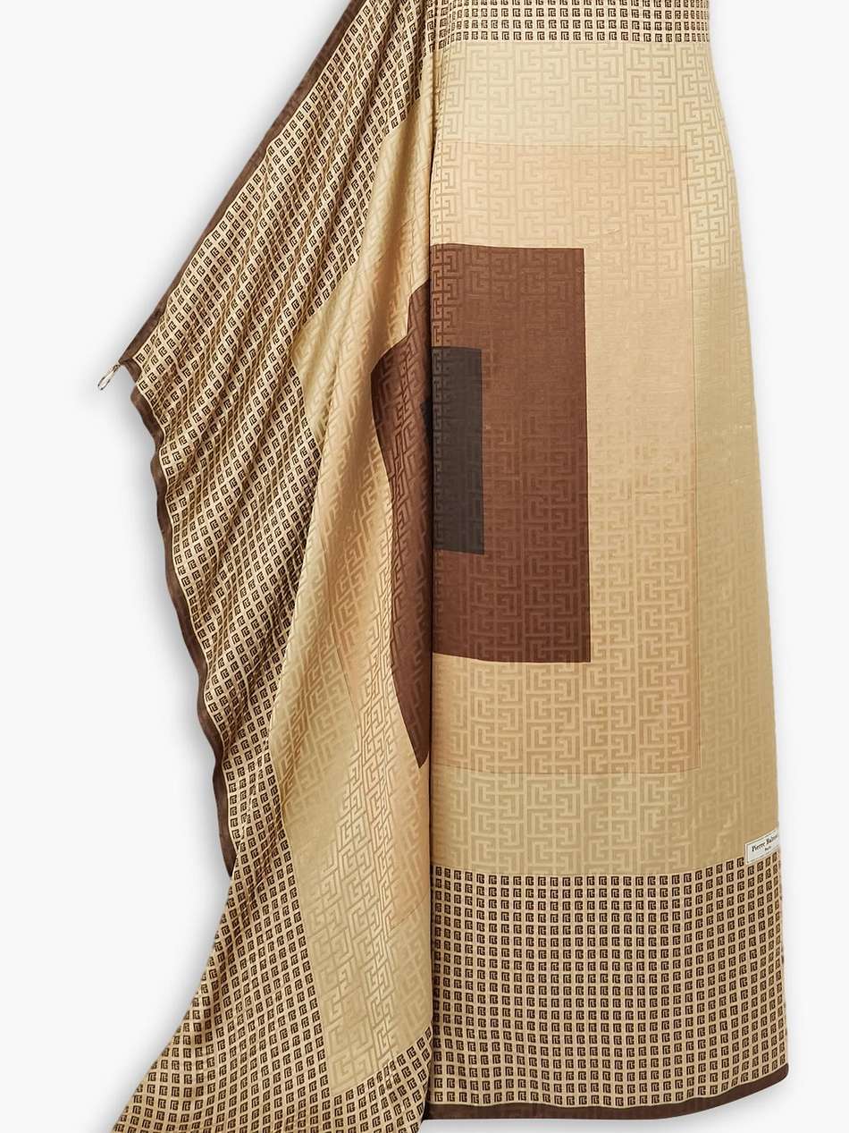 cape-effect printed silk-jacquard gown