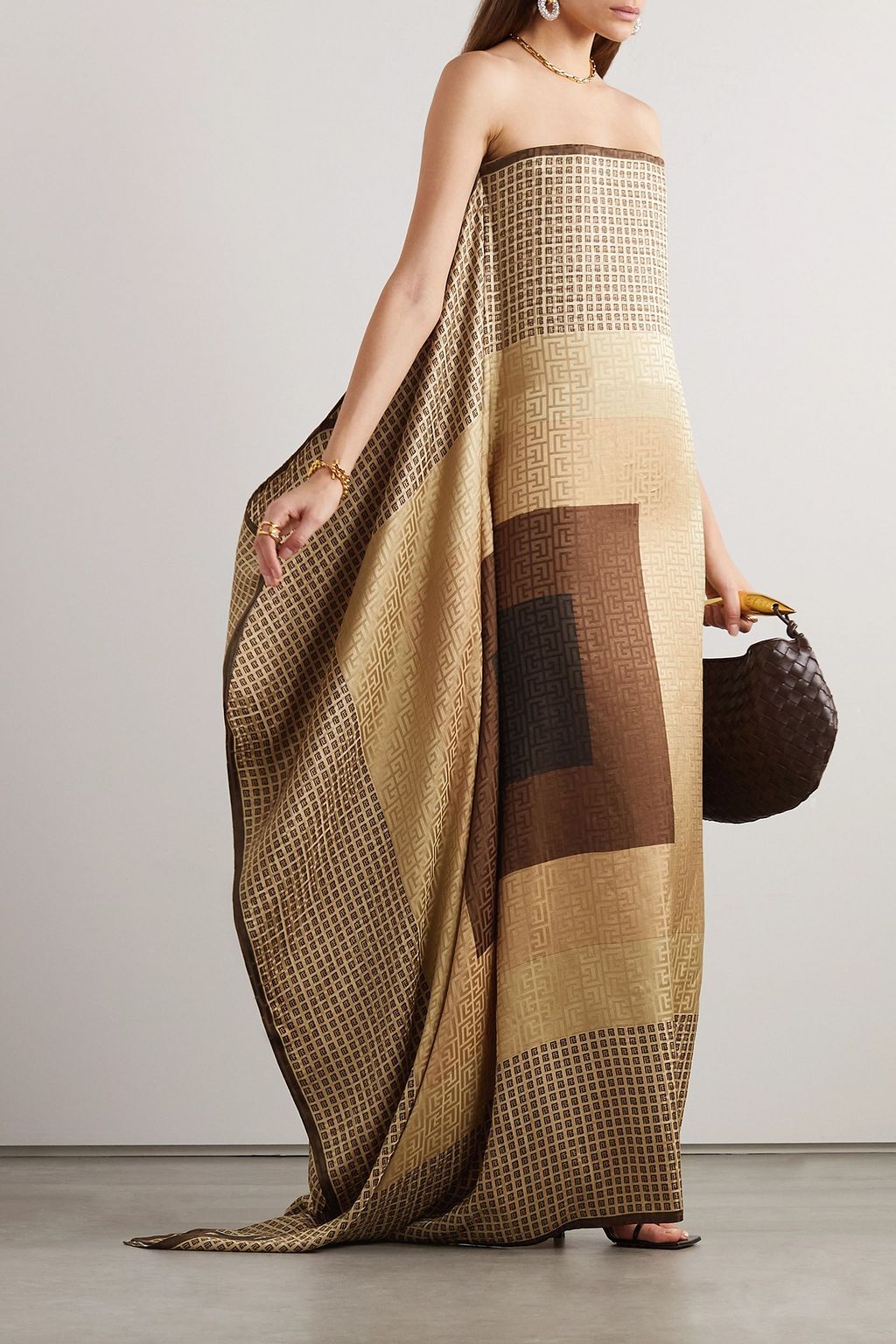 BALMAIN Cape-effect printed silk-jacquard gown