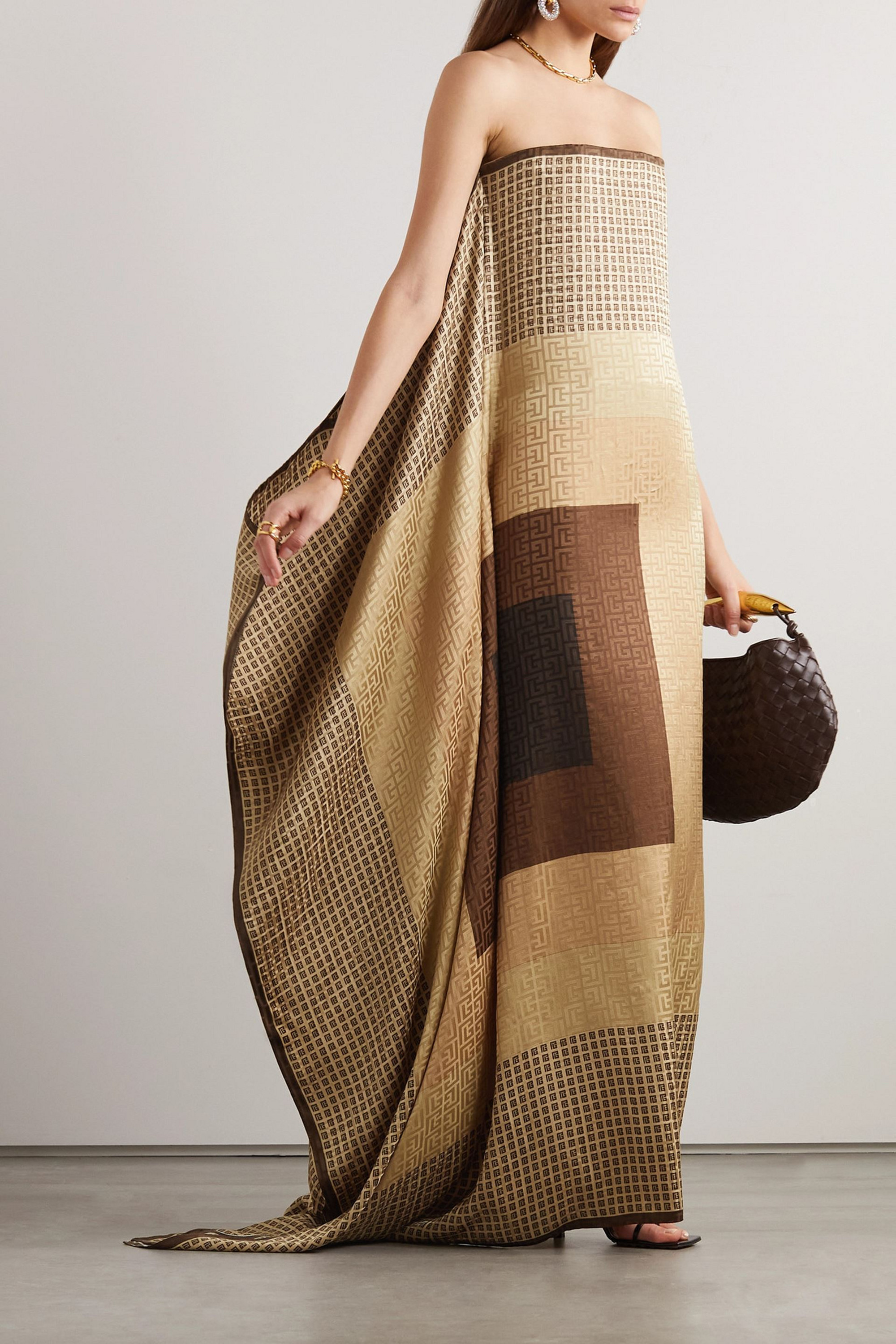 Balmain Cape-effect printed silk-jacquard gown