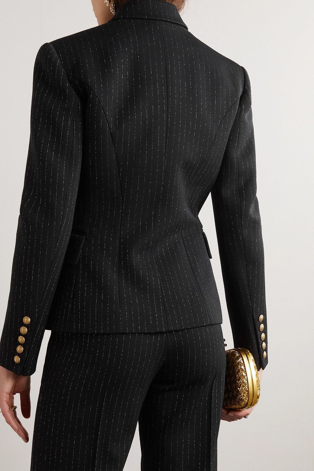 BALMAIN Button-embellished pinstriped metallic wool-blend twill blazer