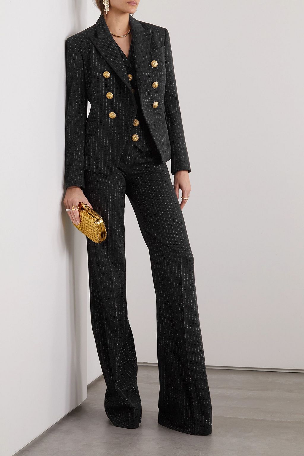 BALMAIN Button-embellished pinstriped metallic wool-blend twill blazer
