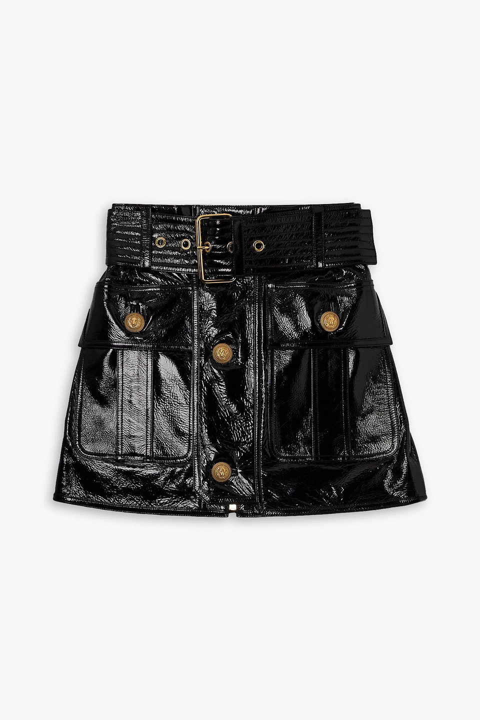 Balmain Belted Crinkled Patent-leather Mini Skirt In Black