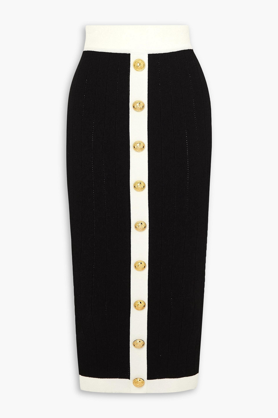 Balmain Button-embellished Ribbed-knit Midi Skirt In Black