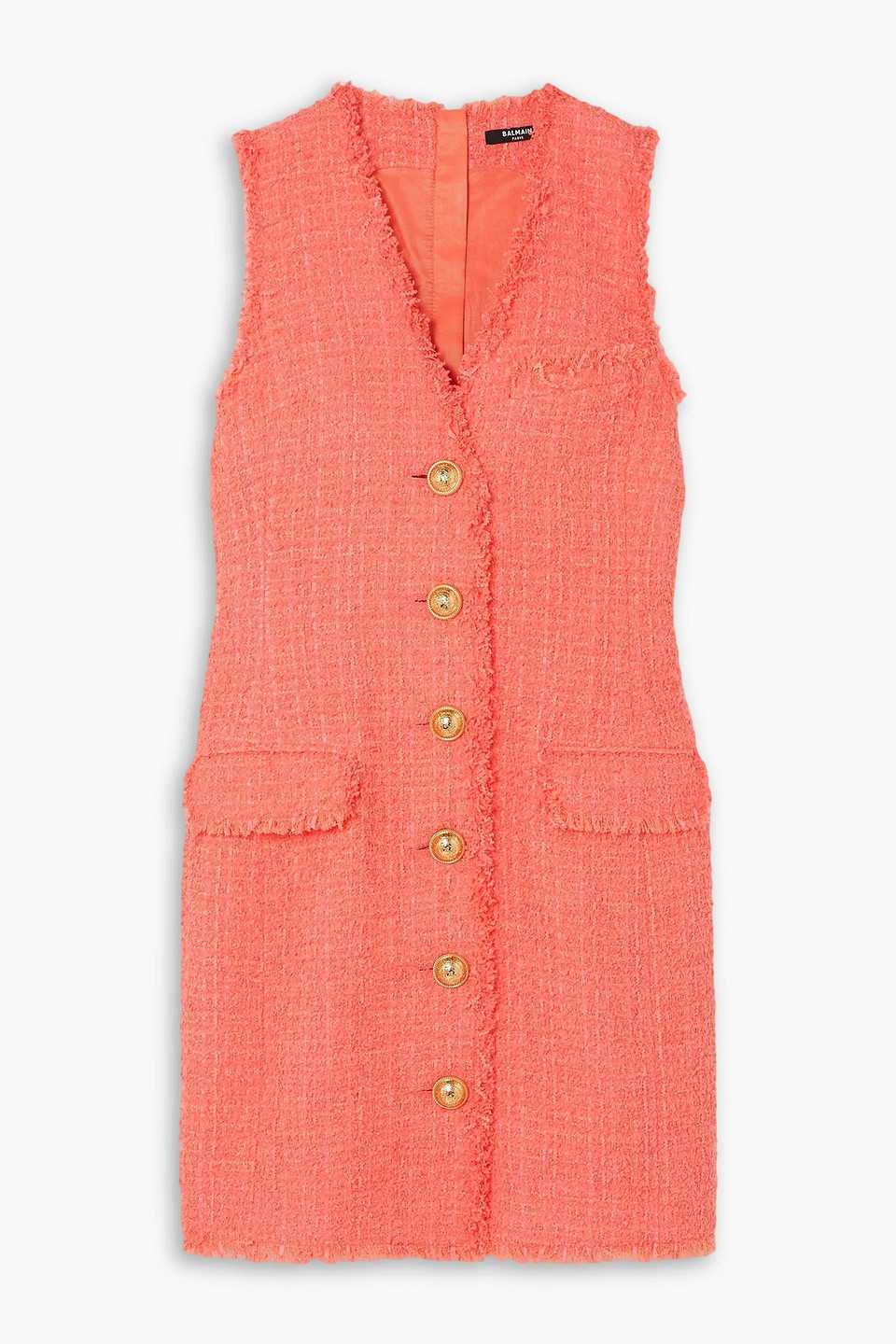 balmain - button-embellished tweed mini dress - orange - fr 44