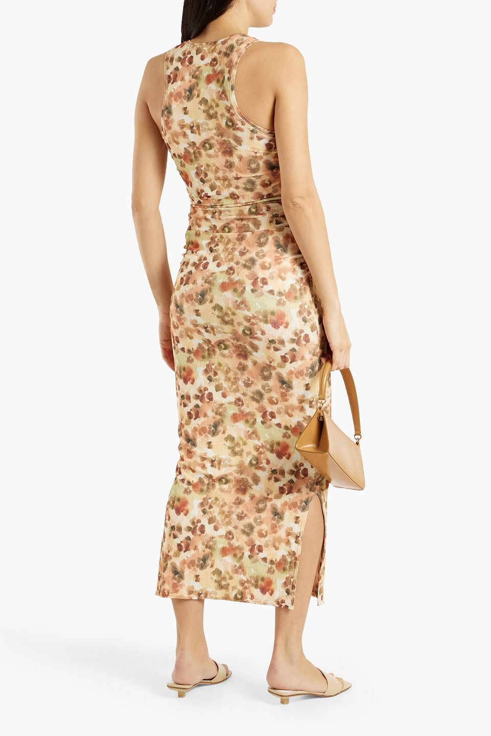 Shop Nanushka Rilo Ruched Printed Jersey Midi Dress In Peach