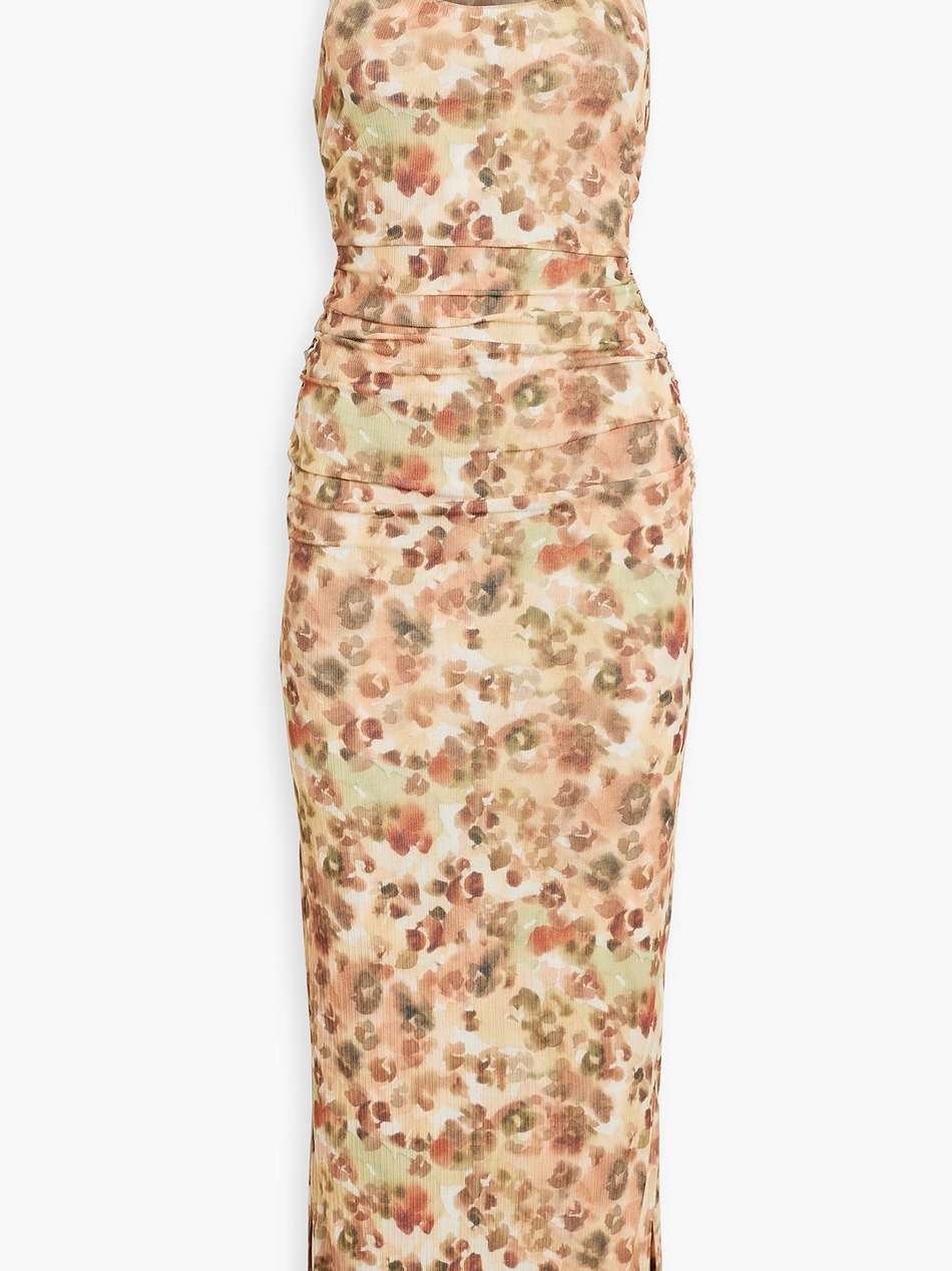 rilo ruched printed jersey midi dress