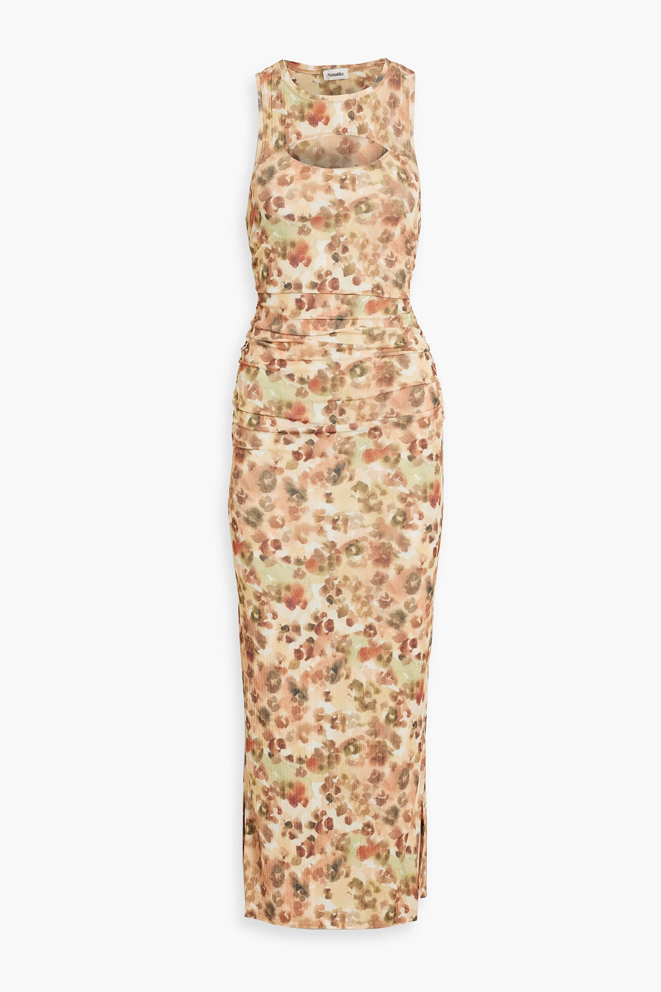 Nanushka Rilo Ruched Printed Jersey Midi Dress In Peach