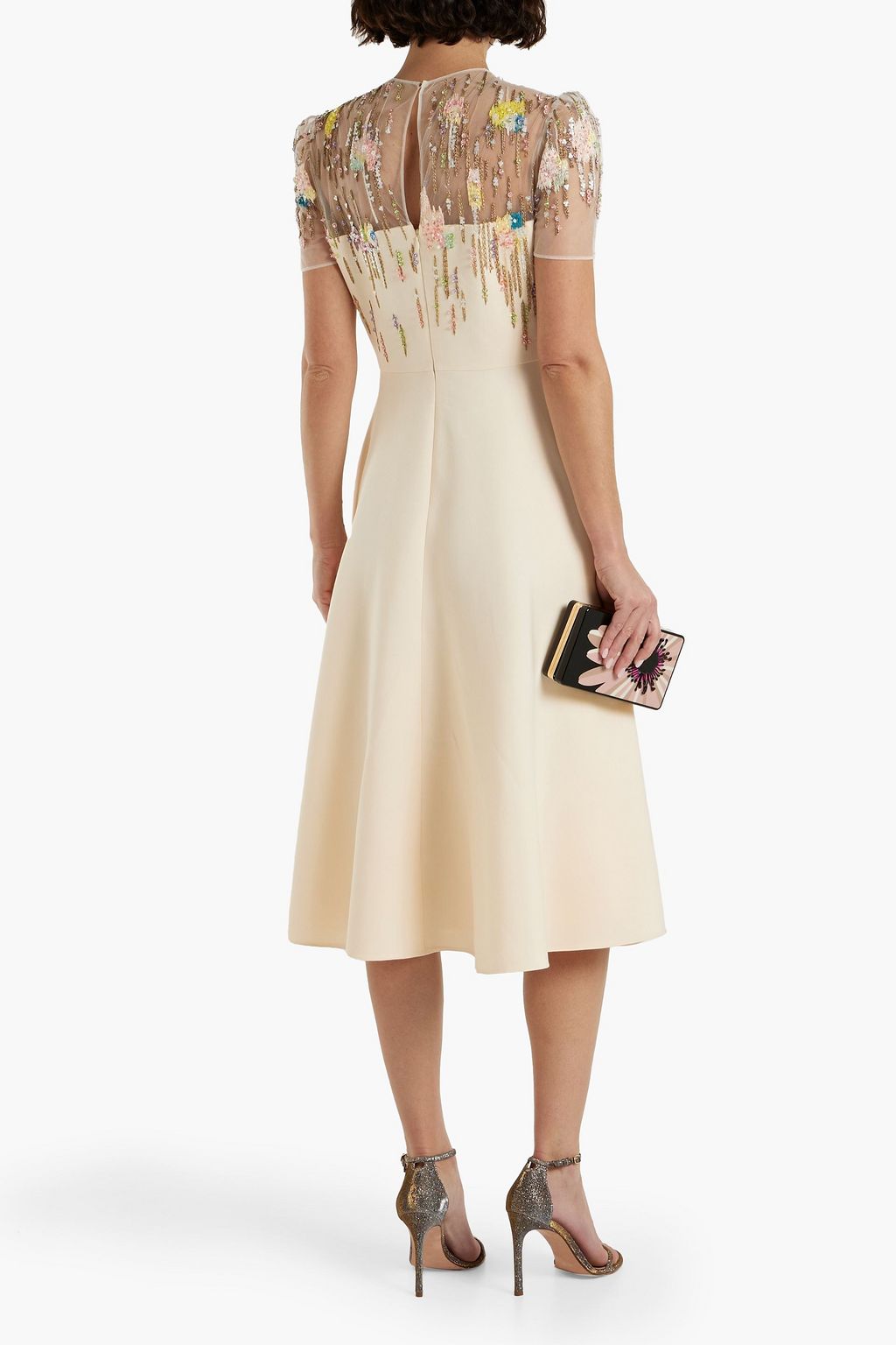 VALENTINO GARAVANI Embellished tulle-paneled wool and silk-blend crepe midi dress