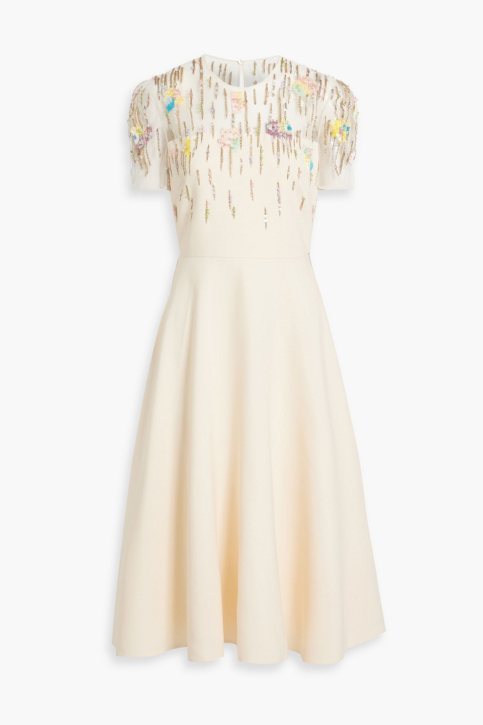 Valentino Embellished Tulle-paneled Wool And Silk-blend Crepe Midi Dress In Cream
