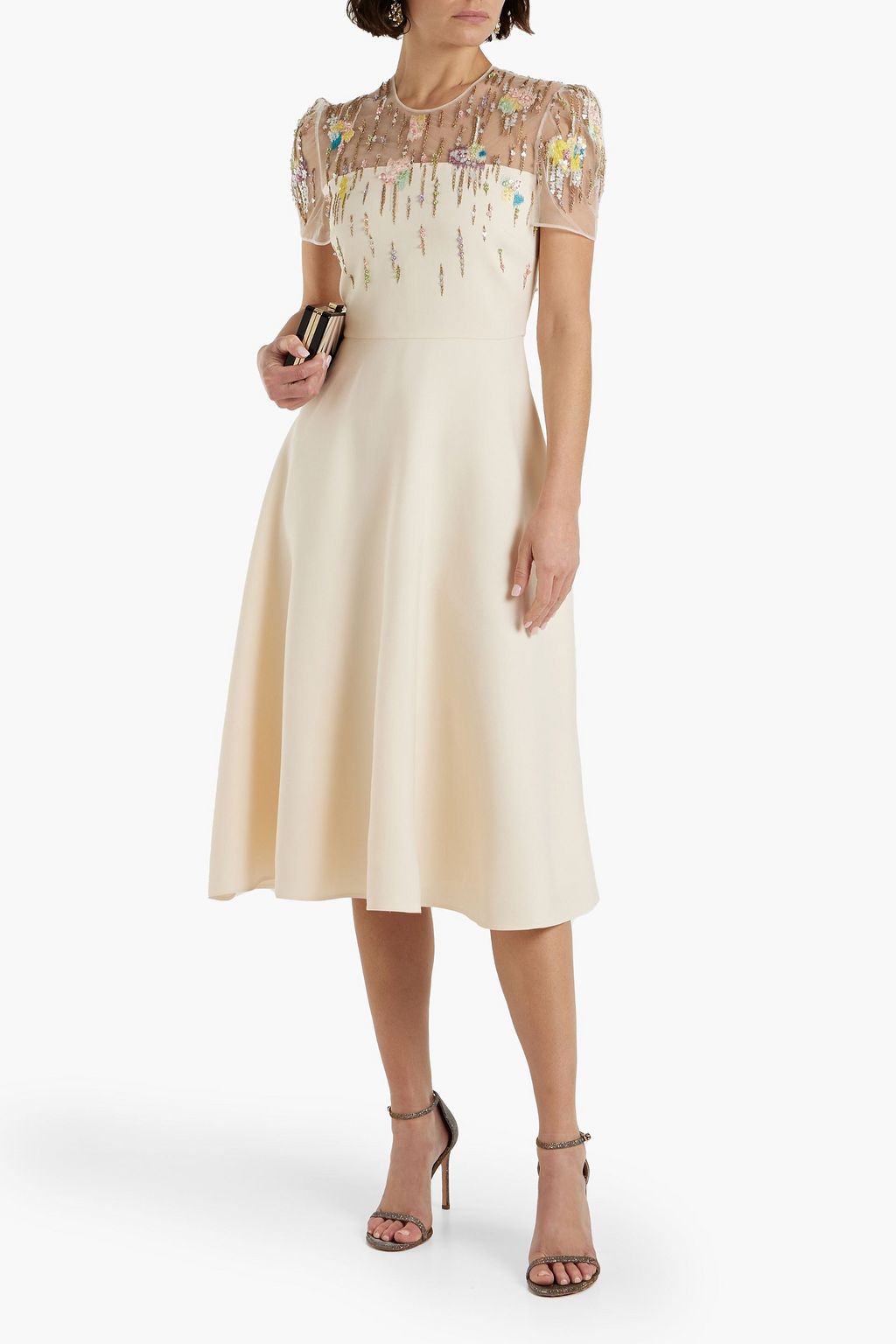 VALENTINO GARAVANI Embellished tulle-paneled wool and silk-blend crepe midi dress