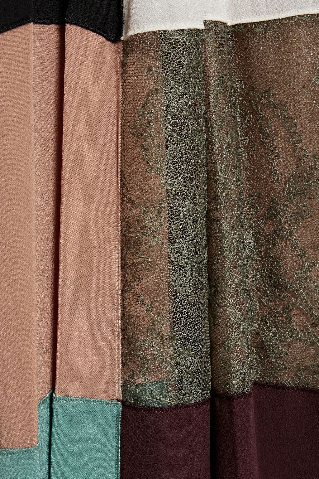 VALENTINO GARAVANI Pleated patchwork-effect lace and crepe de chine maxi dress
