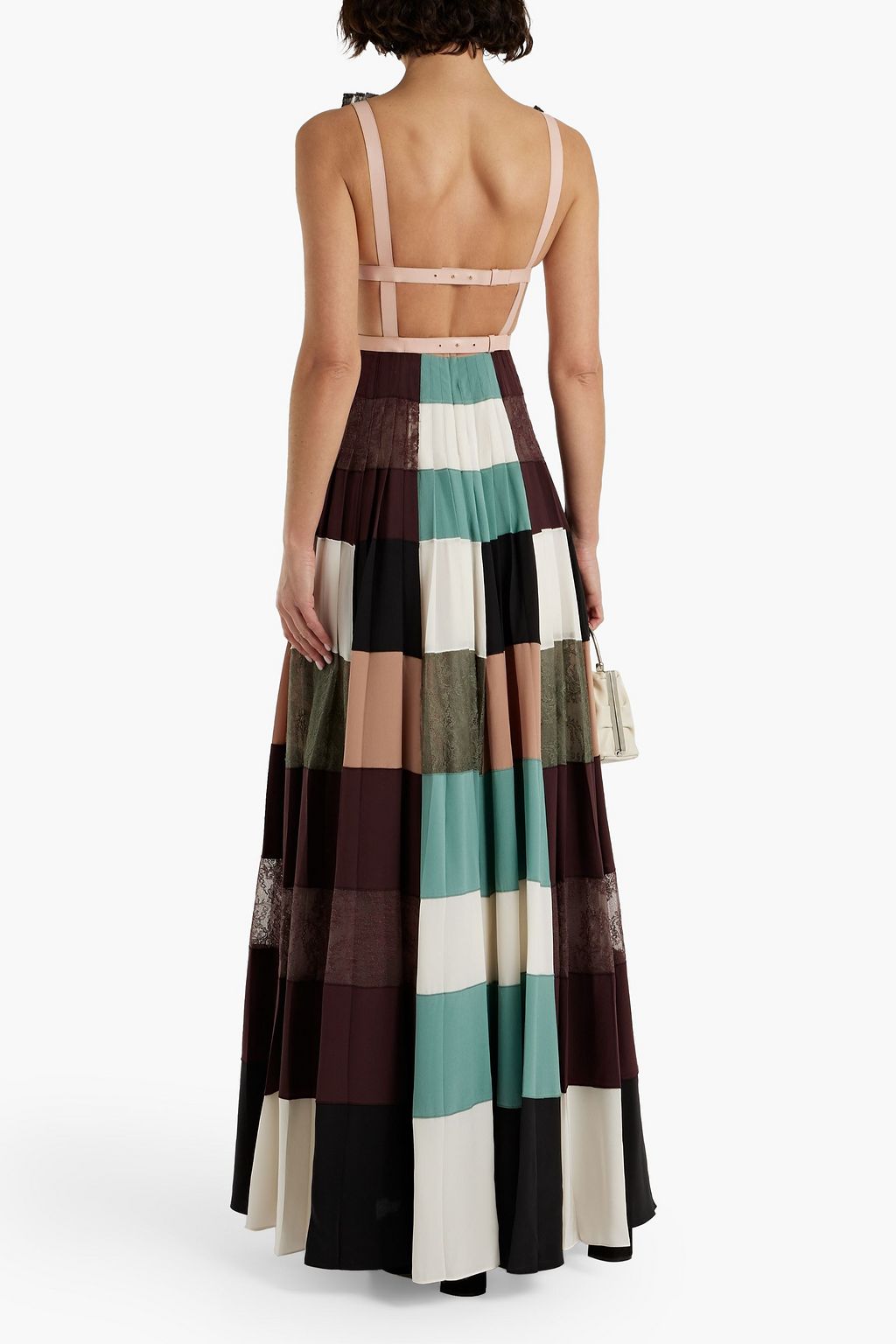 VALENTINO GARAVANI Pleated patchwork-effect lace and crepe de chine maxi dress