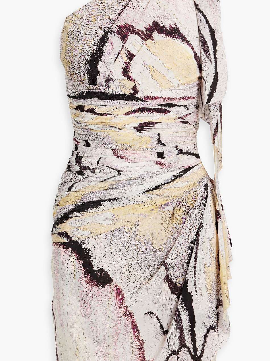 one-shoulder printed silk-crepe mini dress