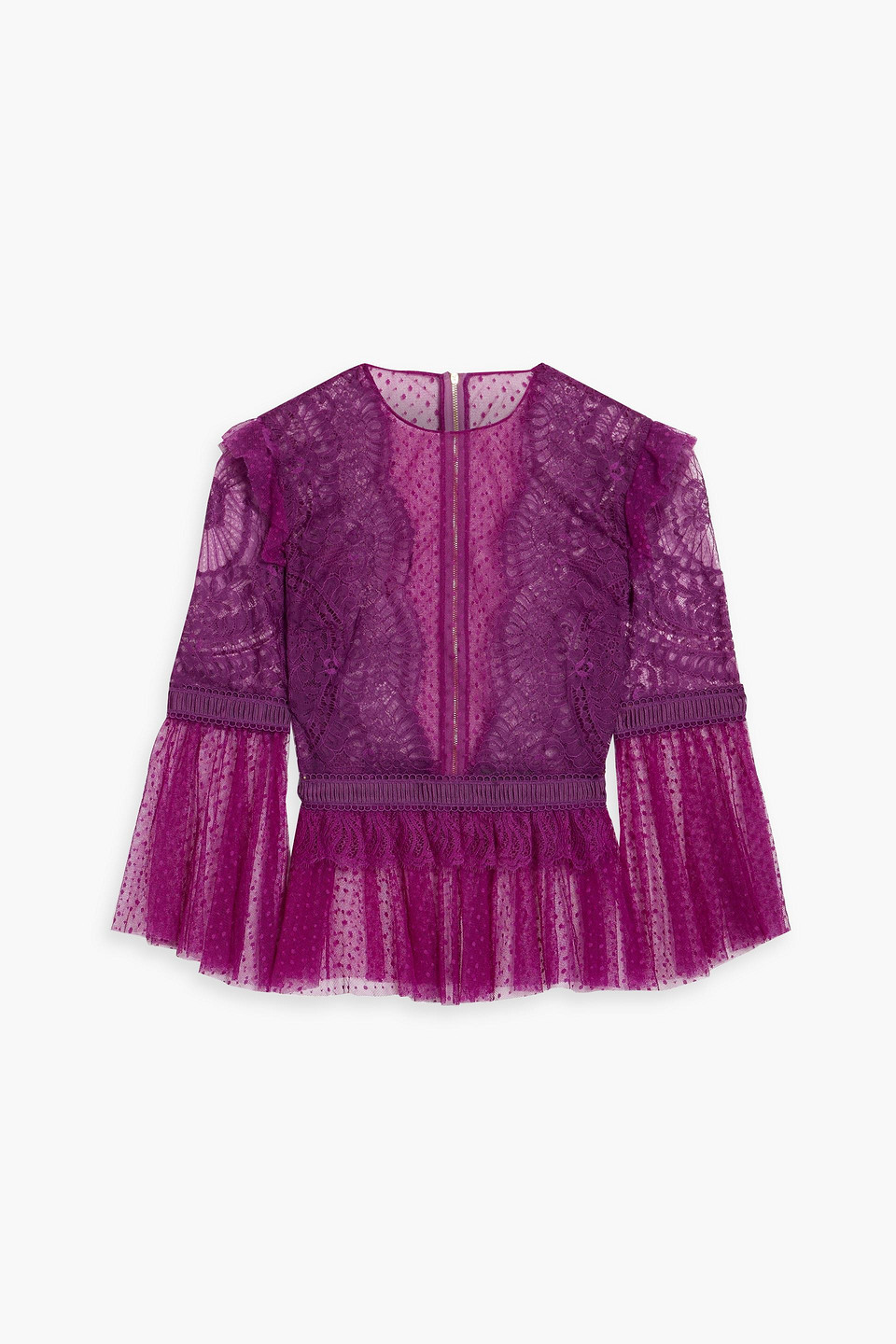 Zuhair Murad Ruffled Corded Lace And Point D'esprit Blouse In Violet