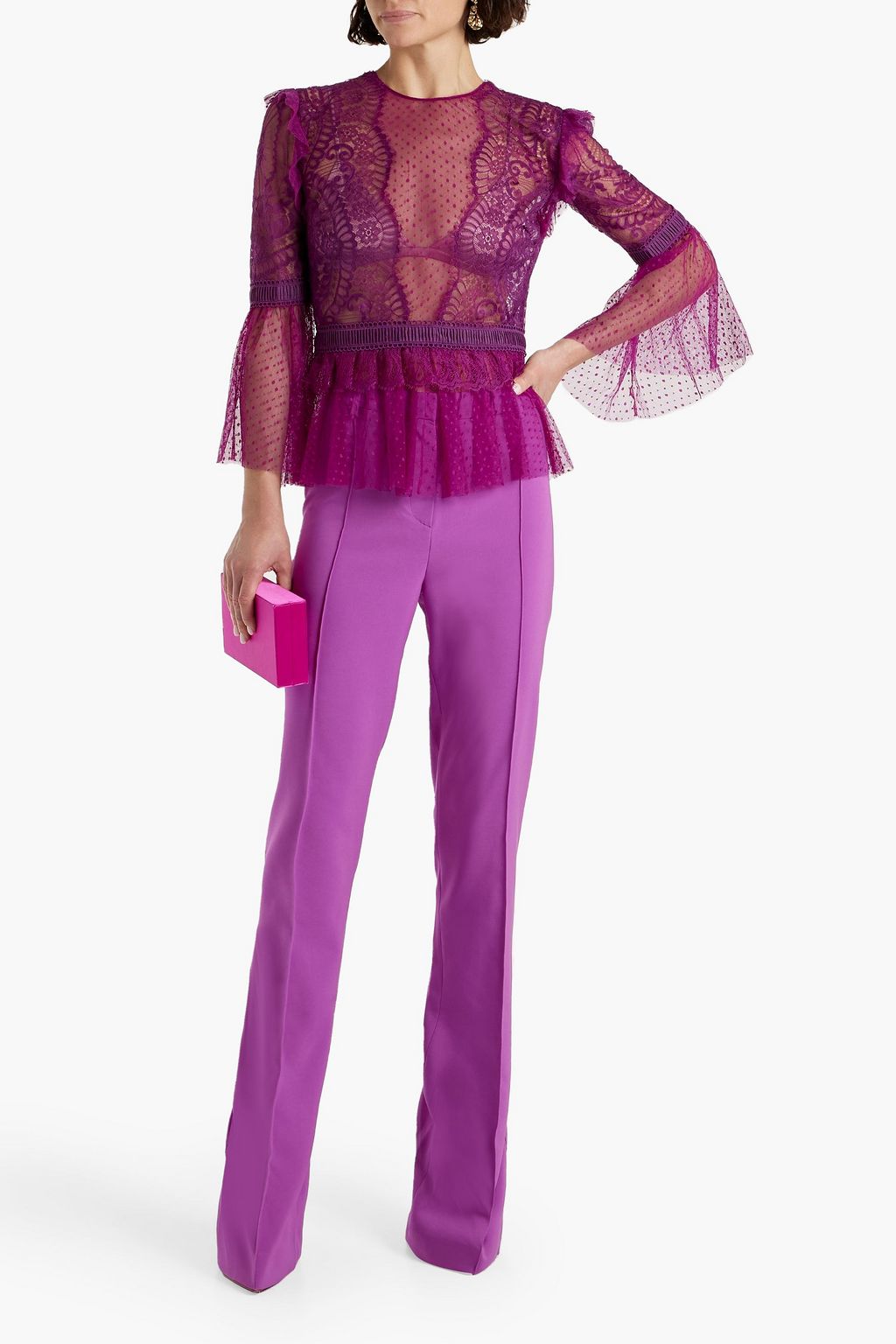 Ruffled corded lace and point d'esprit blouse - Thumbnail 2