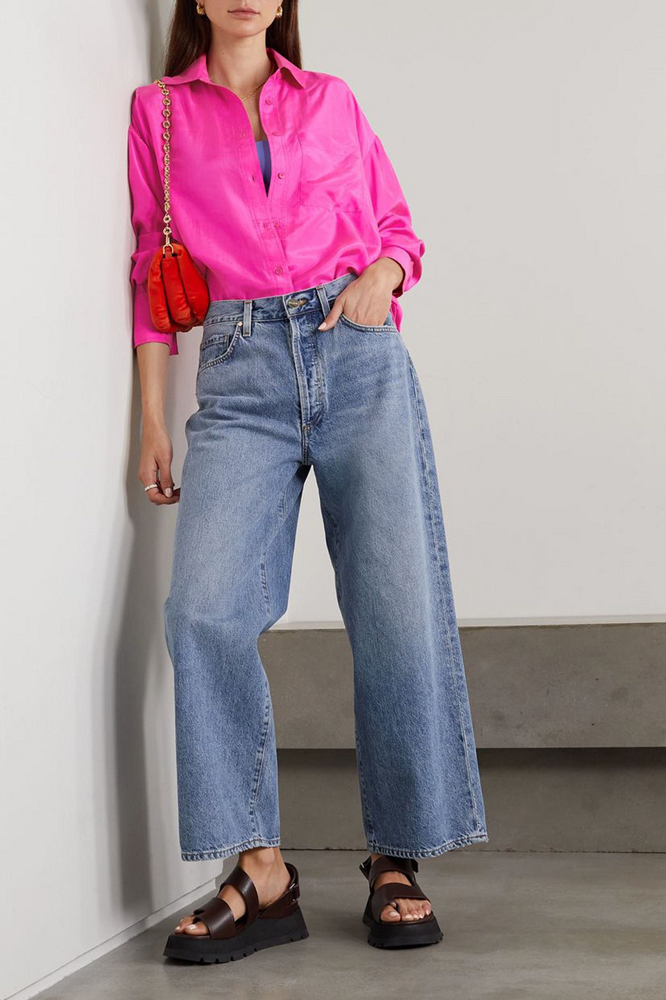 Apiece Apart Oversized Silk Shirt In Bright Pink