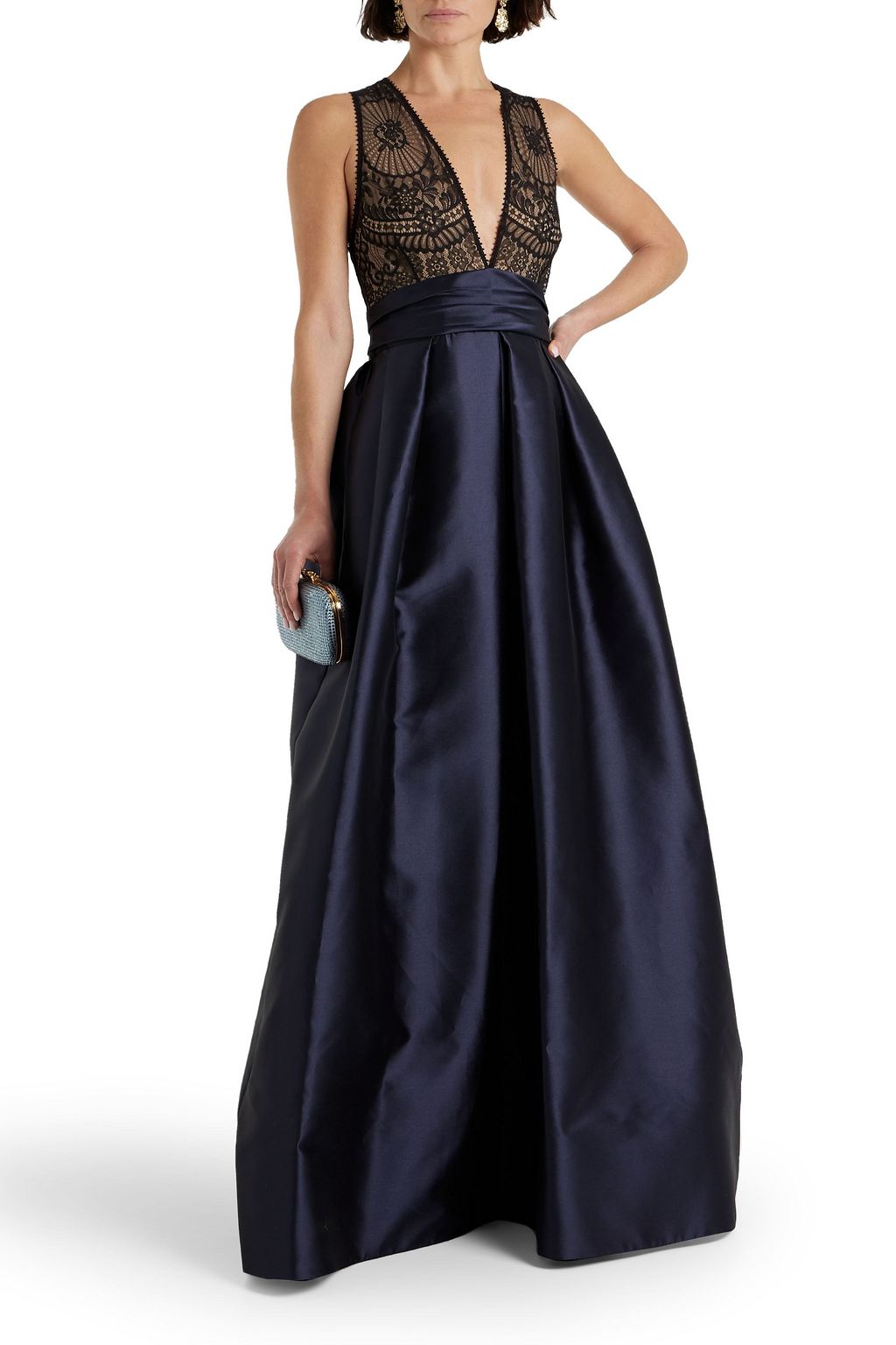 ZUHAIR MURAD Bow-embellished lace-paneled taffeta gown