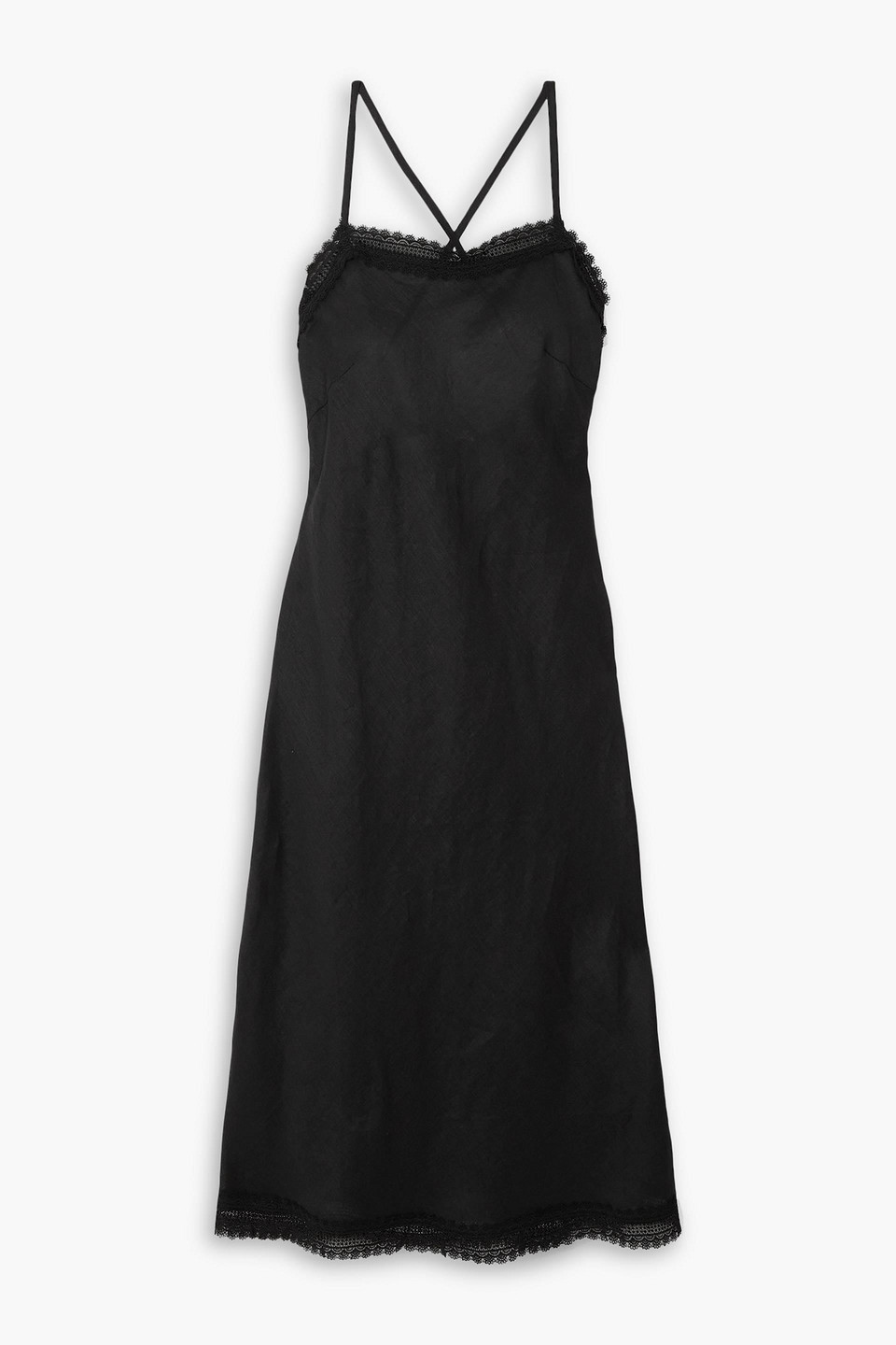 Waimari Audrey Tie-detailed Lace-trimmed Linen Midi Dress In Black