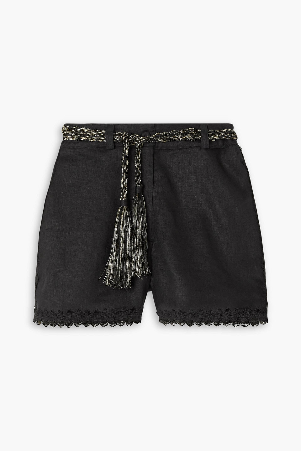 waimari - pixie belted lace-trimmed linen shorts - black - s