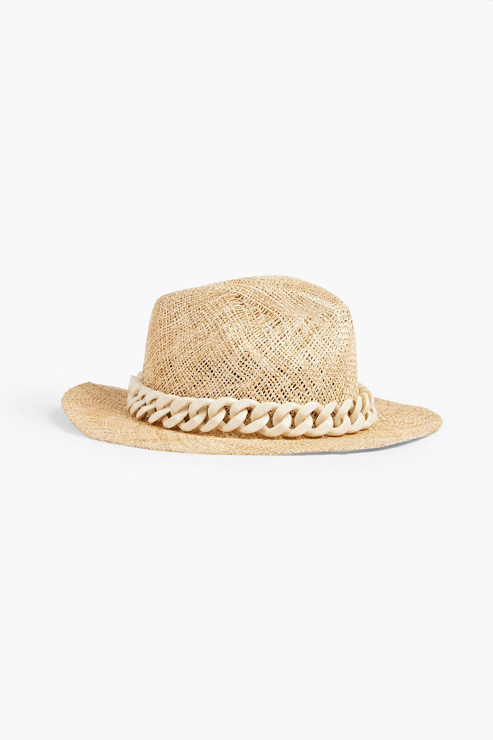 EUGENIA KIM LILLIAN CHAIN-TRIMMED STRAW FEDORA,3074457345635393633