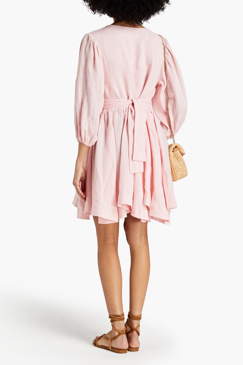 Shop Fil De Vie Mina Lace-up Gathered Ramie Mini Dress In Baby Pink