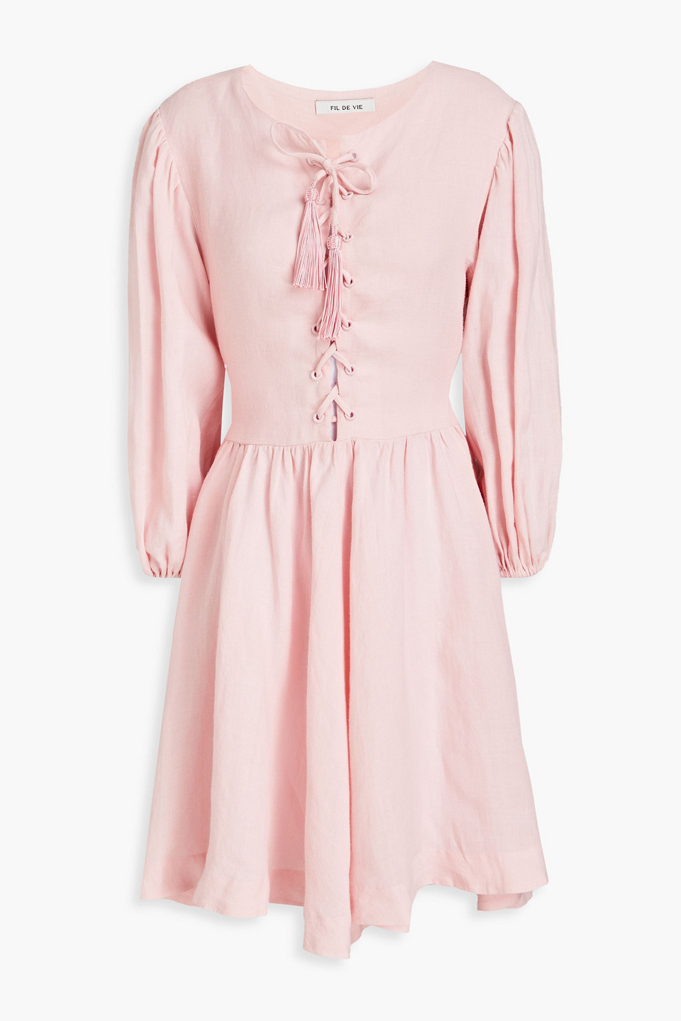 Fil De Vie Mina Lace-up Gathered Ramie Mini Dress In Baby Pink