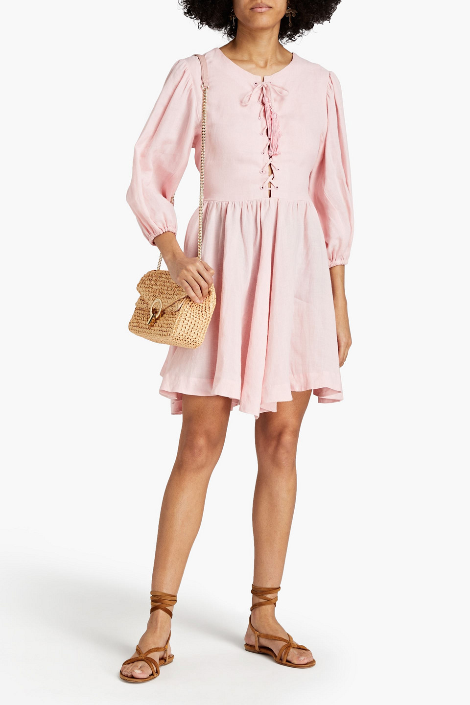 Shop Fil De Vie Mina Lace-up Gathered Ramie Mini Dress In Baby Pink