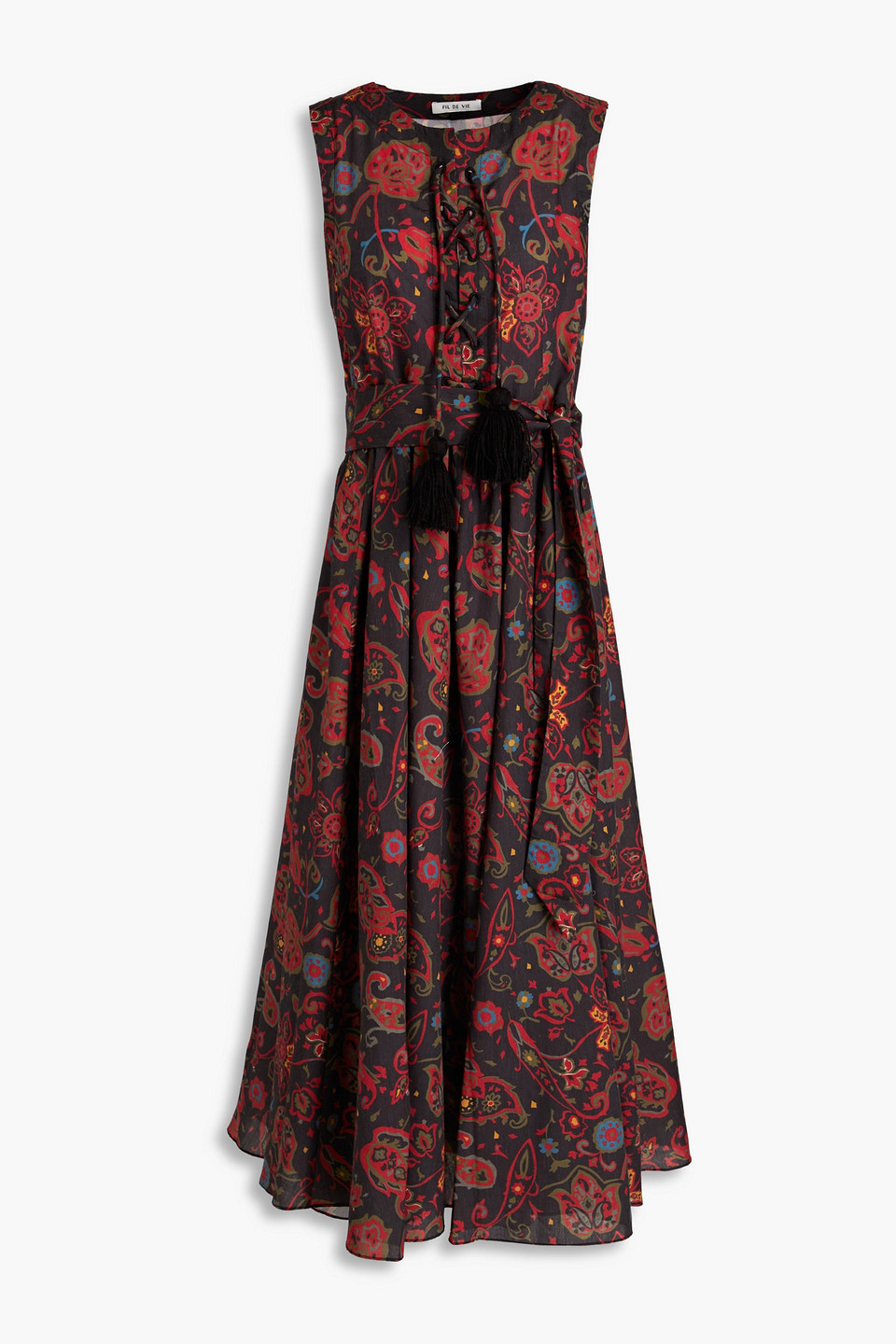 Fil De Vie Althea Belted Tasseled Paisley-print Voile Maxi Dress In Black