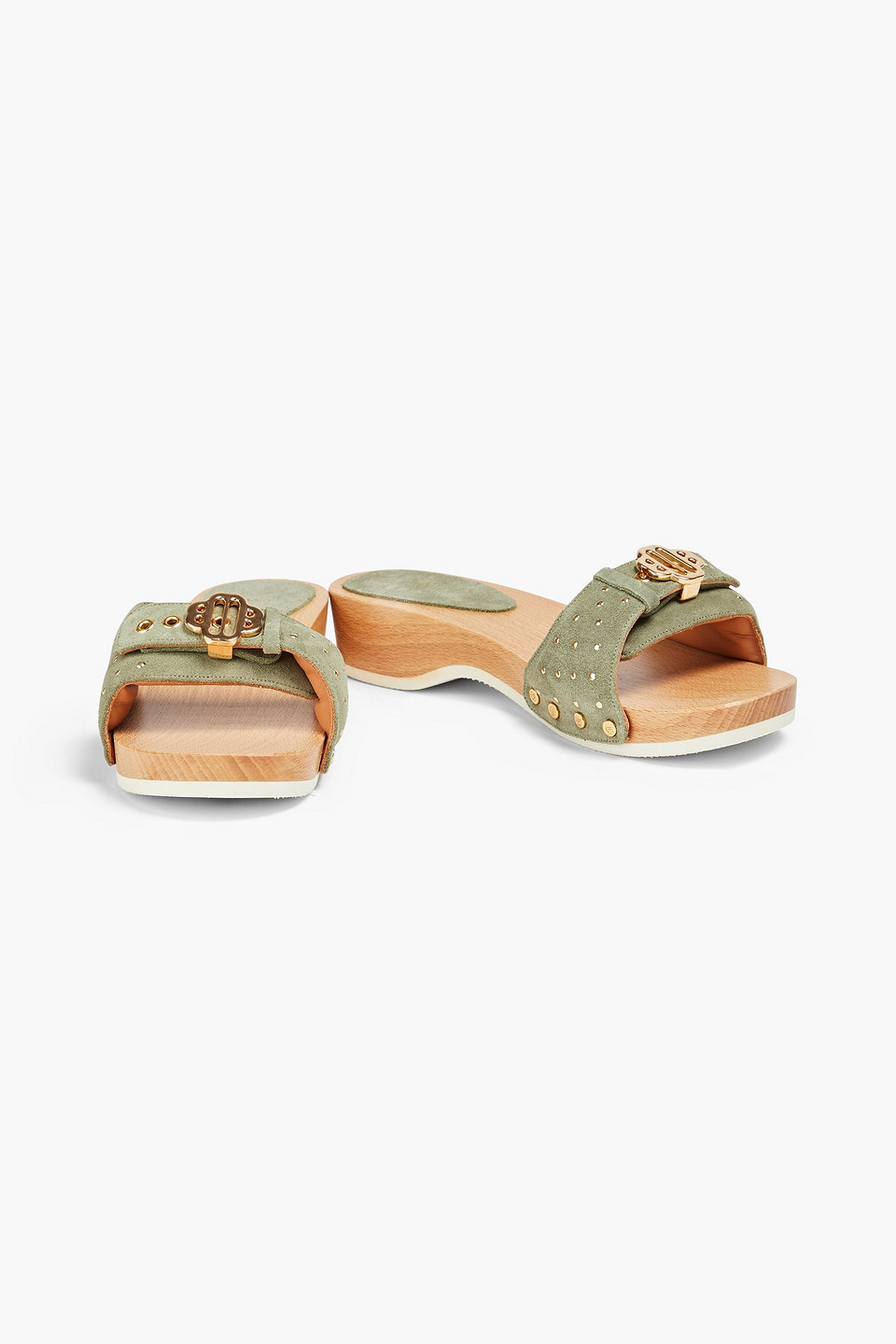 MAJE STUDDED SUEDE WEDGE MULES 3074457345635403674
