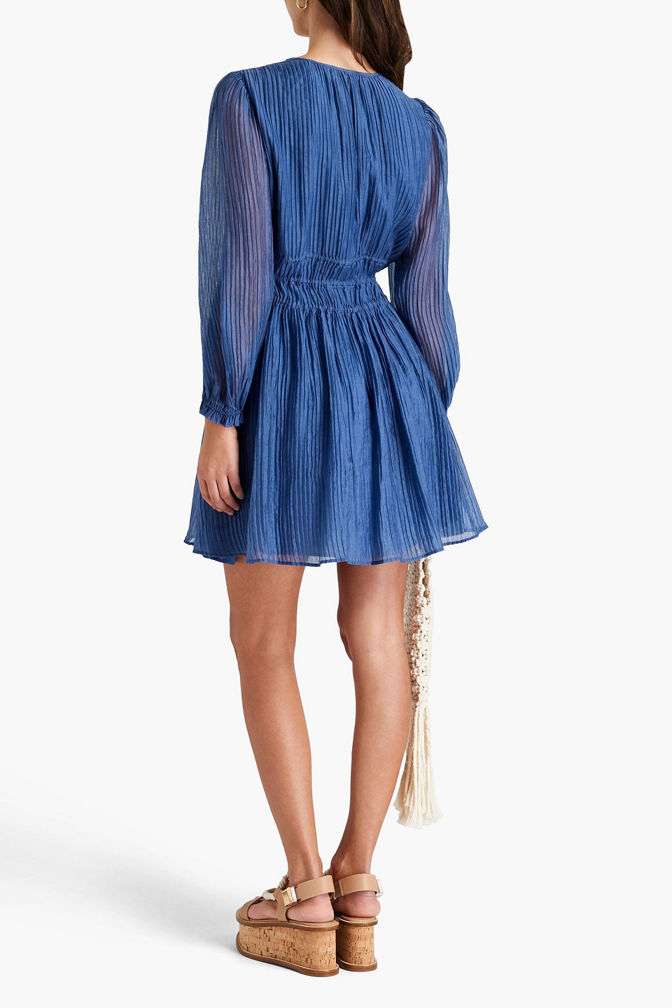 Shop Maje Tie-detailed Lyocell-blend Plissé-organza Mini Dress In Slate Blue