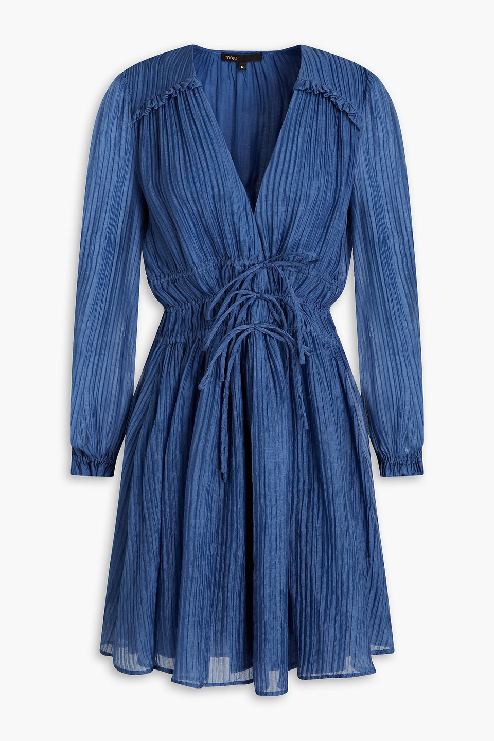 Shop Maje Tie-detailed Lyocell-blend Plissé-organza Mini Dress In Slate Blue