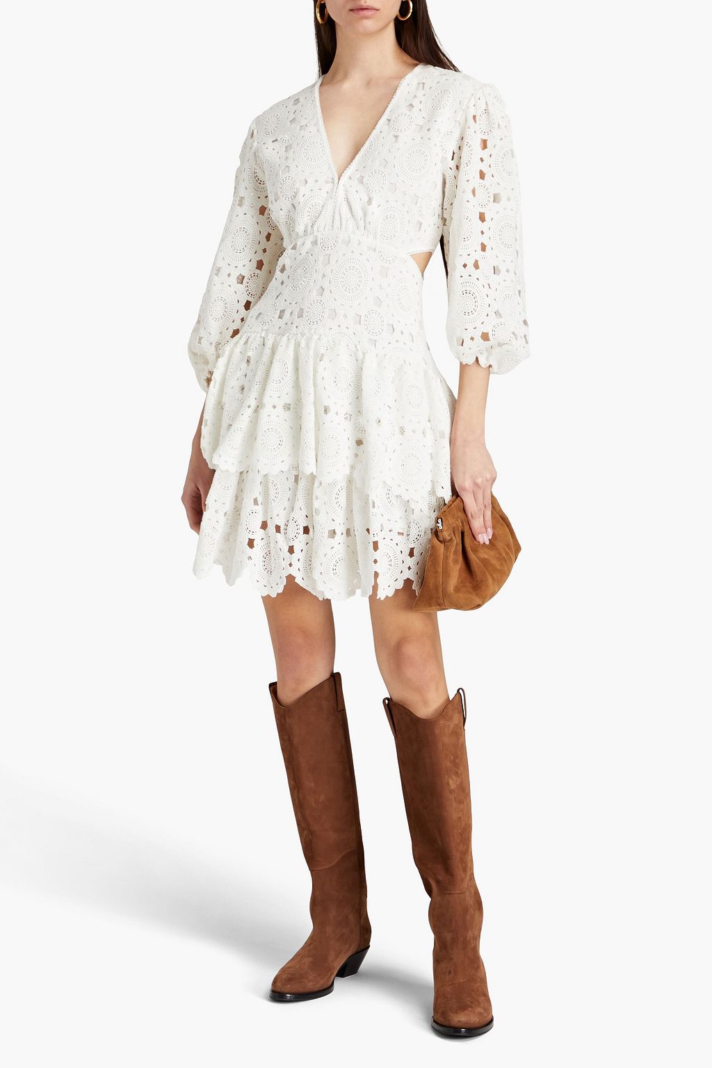 MAJE Tiered cutout cotton crocheted lace mini dress