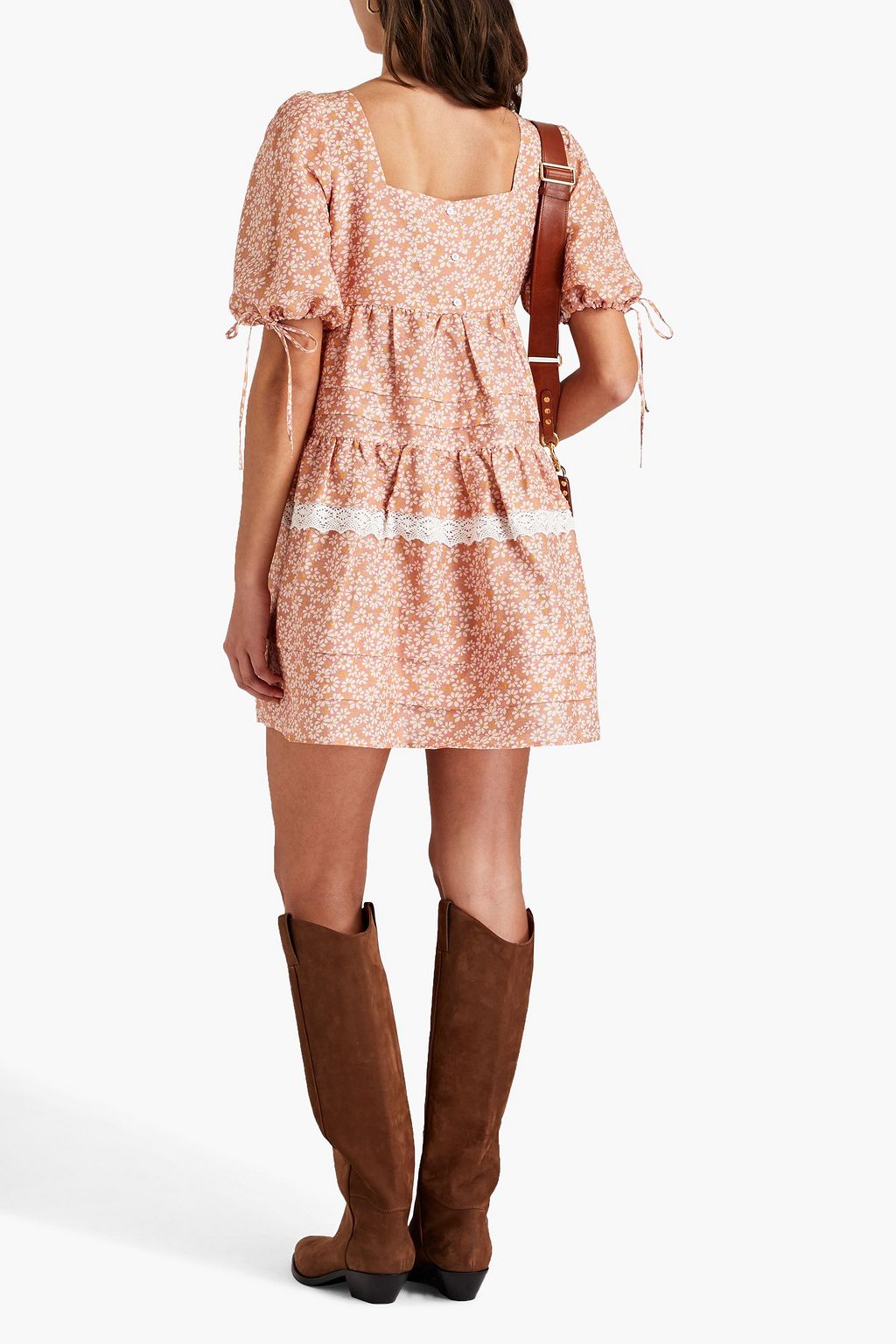 MAJE Minikleid aus einer Leinenmischung mit floralem Print und Häkelspitzenbesatz