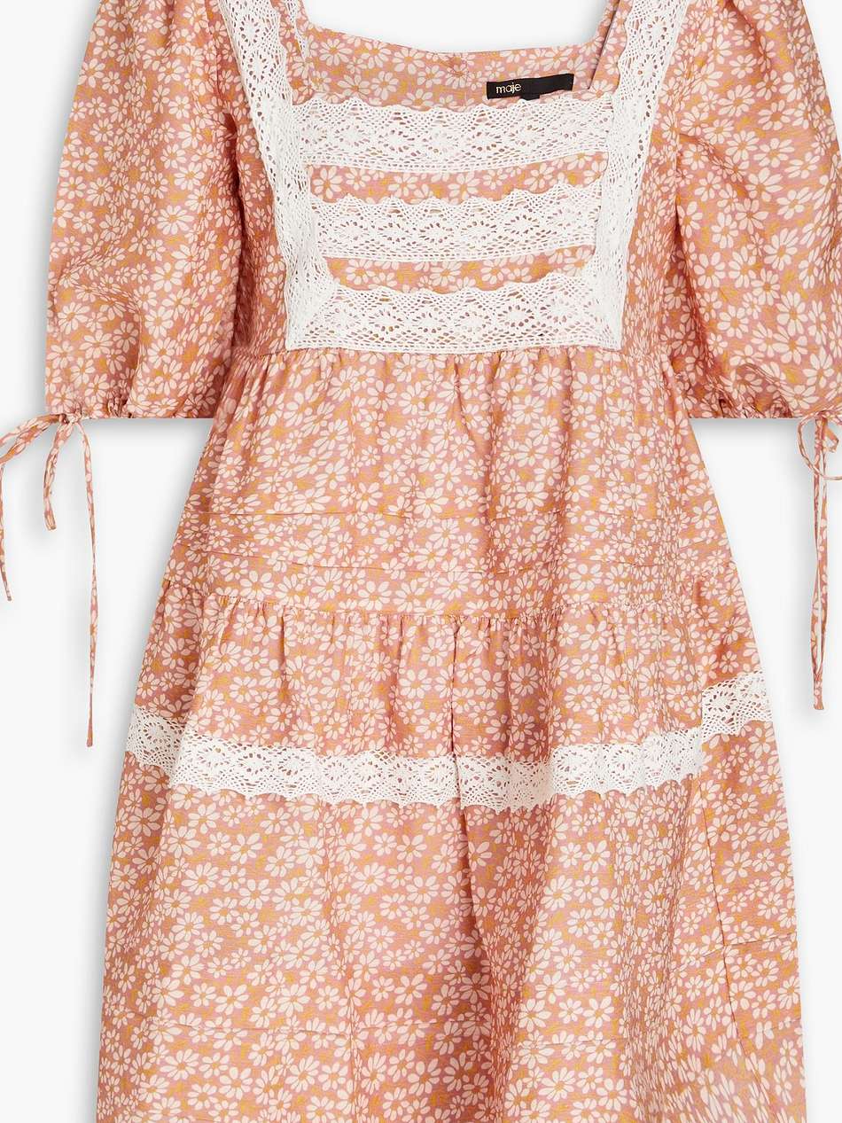 crocheted lace-trimmed floral-print linen-blend mini dress