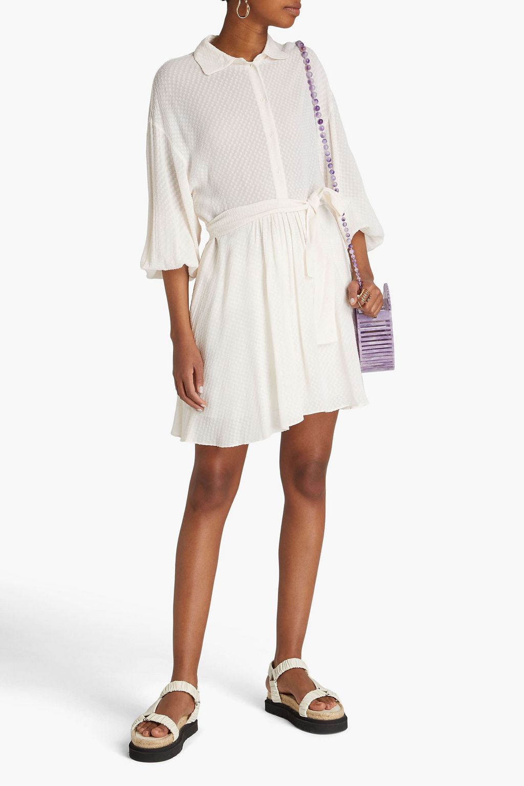 MAJE Gathered fil coupé crepe de chine mini shirt dress