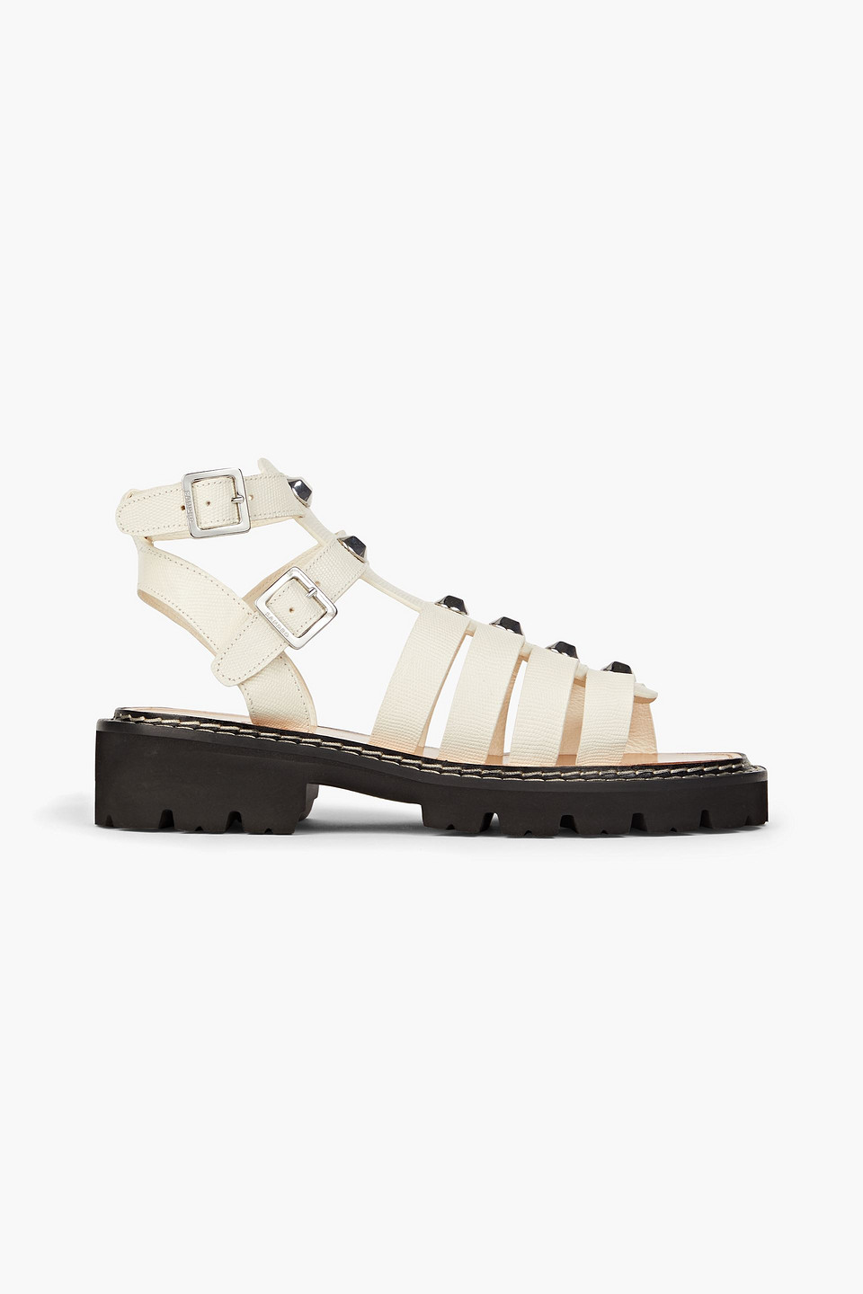 Sandro Eliane Studded Lizard-effect Leather Sandals In Ecru