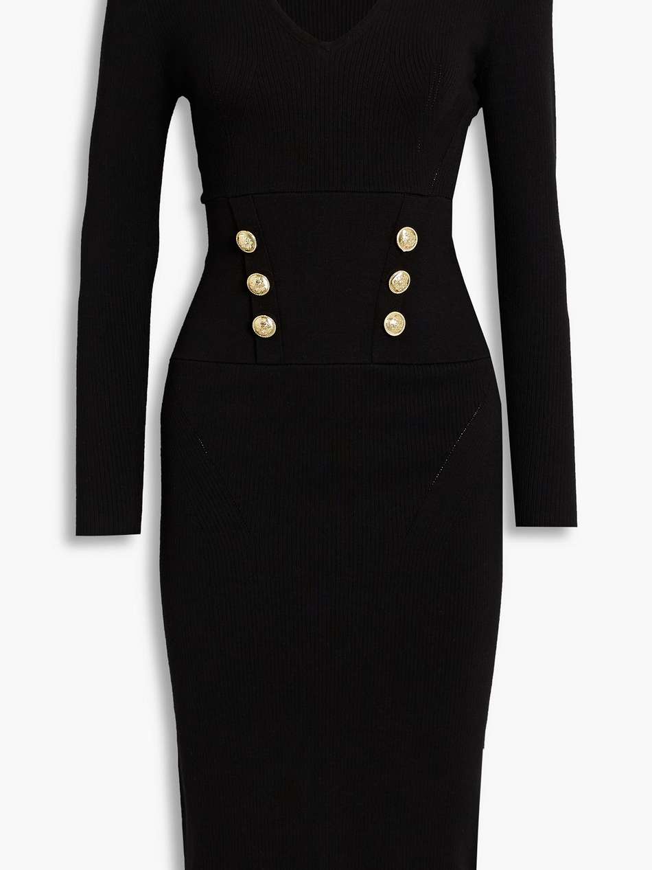 button-embellished ribbed-knit midi dress