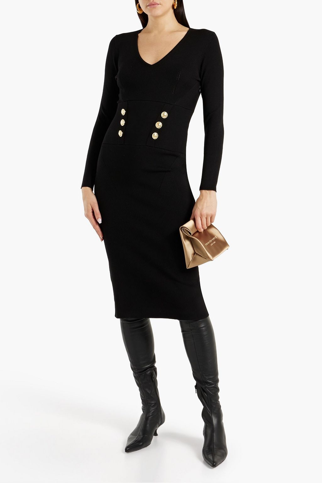 DEREK LAM 10 CROSBY فستان متوسط الطول من نسيج محبوك بنمط مضلّع مزيّن بأزرار
