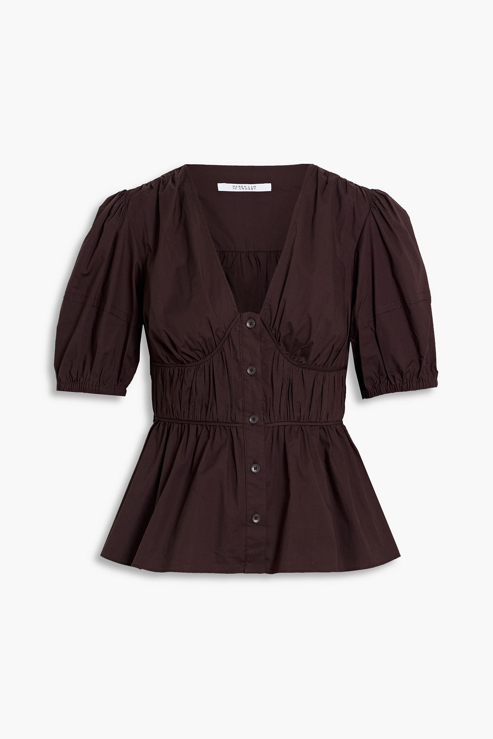 Derek Lam 10 Crosby Gathered Cotton-blend Poplin Top In Chocolate