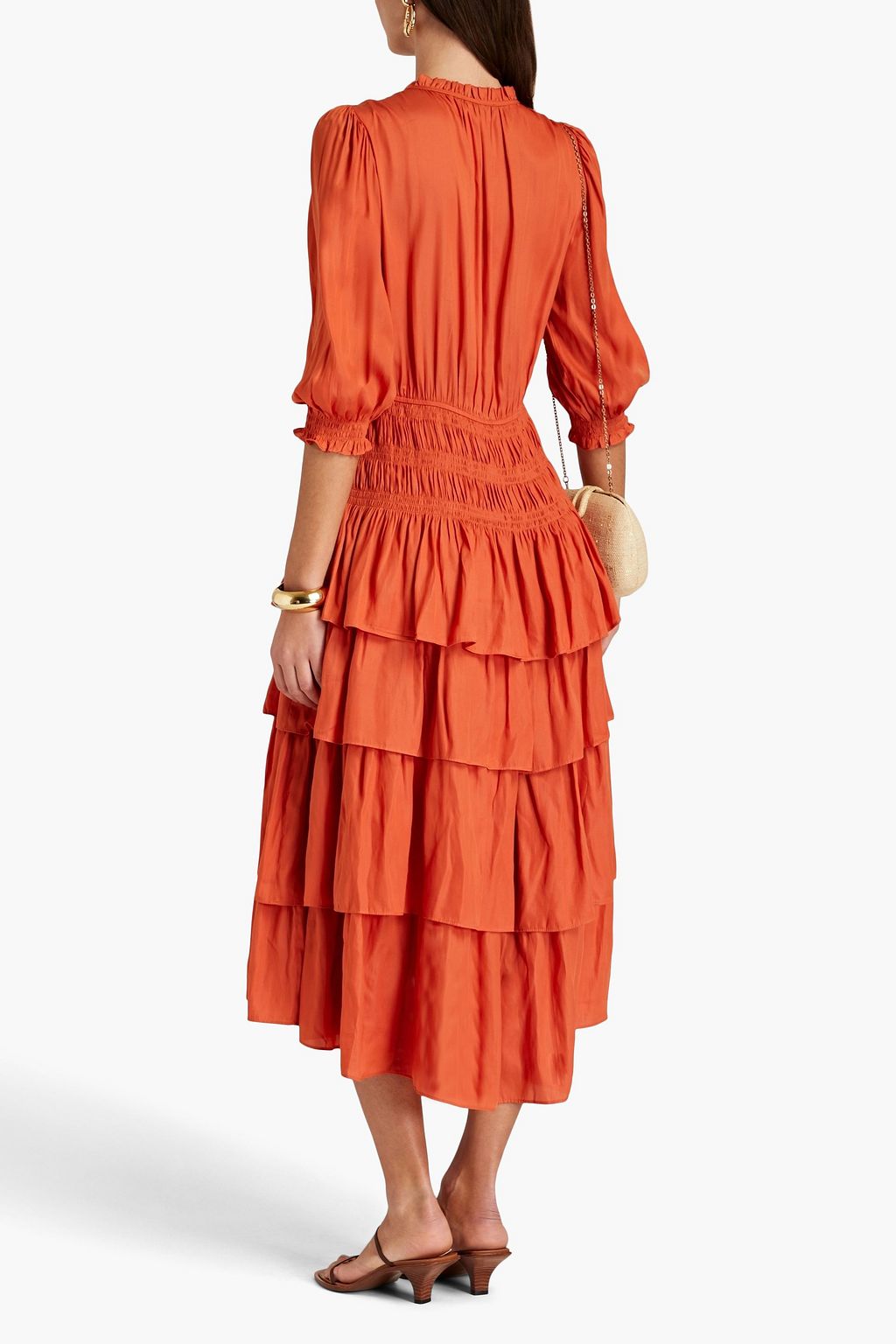 MAJE Tiered shirred satin midi dress