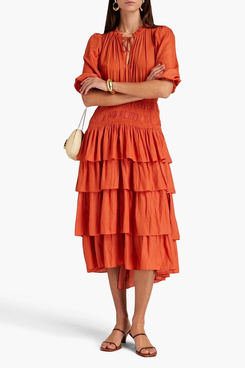 MAJE Tiered shirred satin midi dress