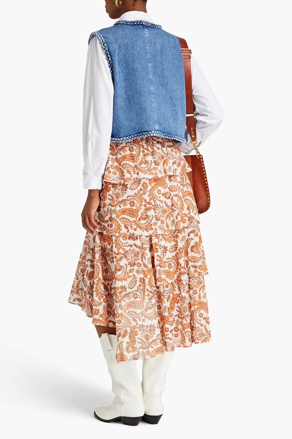 Shop Maje Tiered Paisley-print Cotton Midi Skirt In Orange