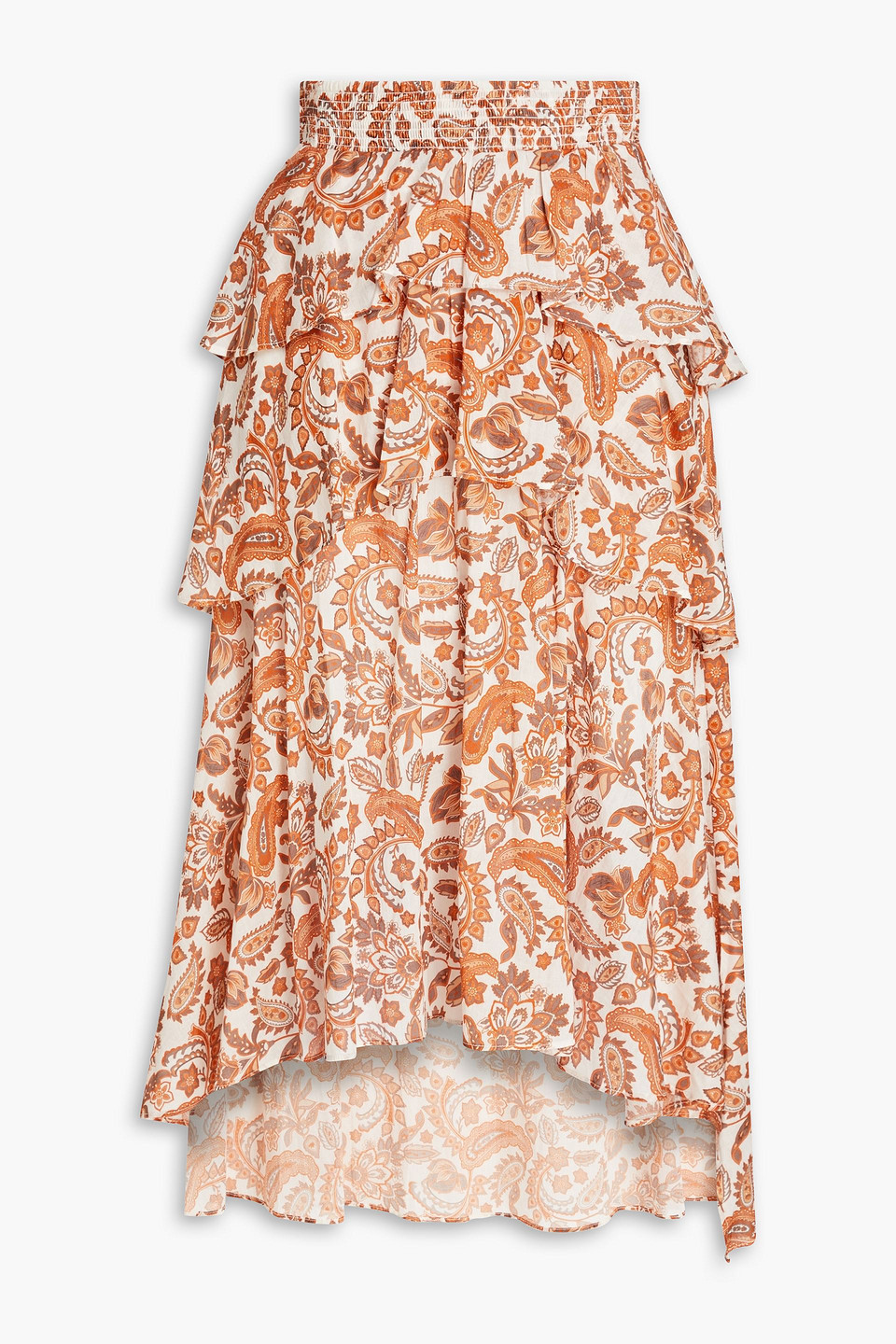 Shop Maje Tiered Paisley-print Cotton Midi Skirt In Orange