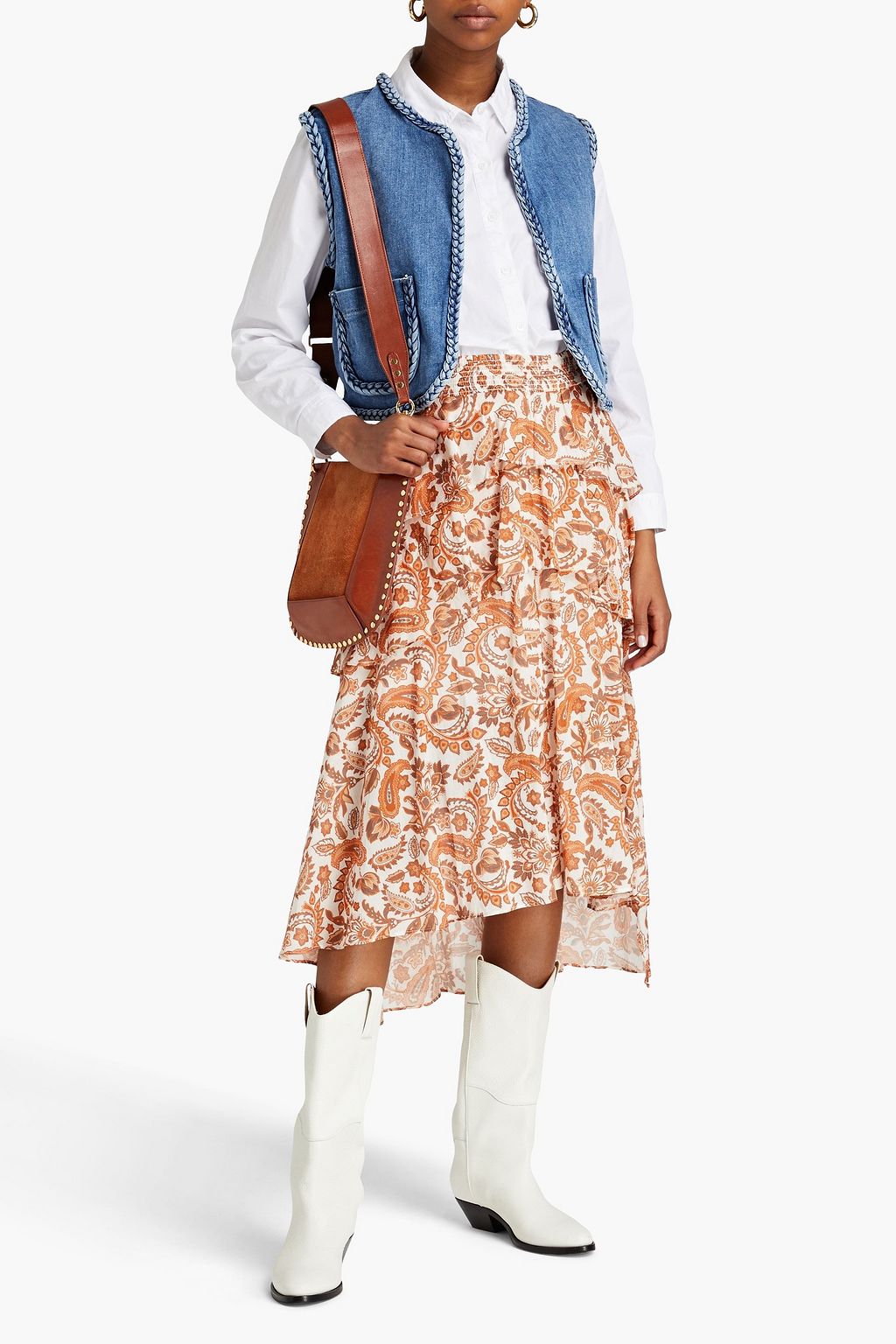 MAJE Tiered paisley-print cotton midi skirt